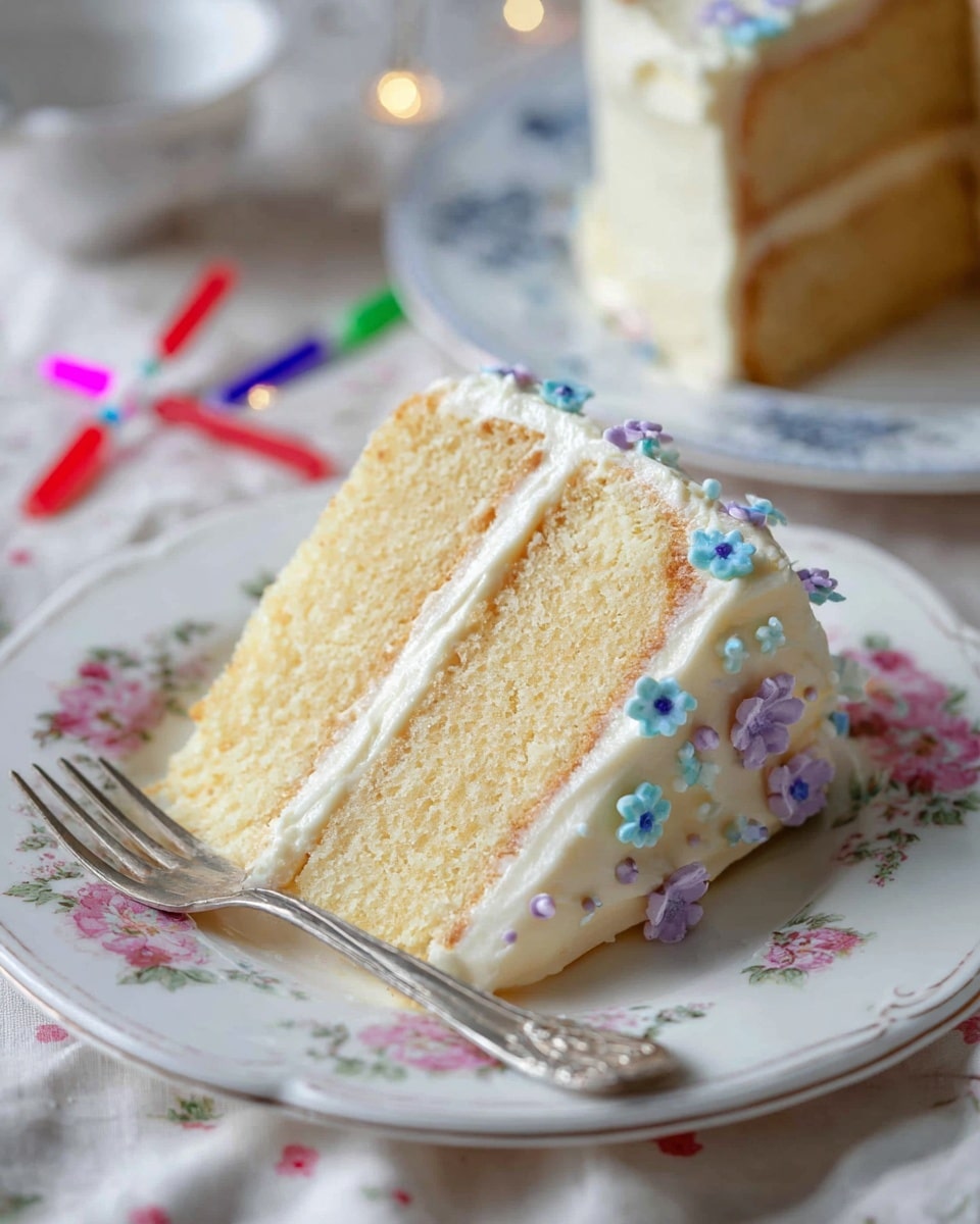 A slice of two-layer vanilla cake with smooth white frosting between and on top, decorated with small blue and purple flower shapes along the side. The cake sits on a white plate with pale pink floral patterns, beside a silver fork. The background is soft cream fabric with red, blue, green, and pink birthday candles lying nearby. Another cake slice is partially visible on a white plate with blue patterns. Photo taken with an iphone --ar 4:5 --v 7