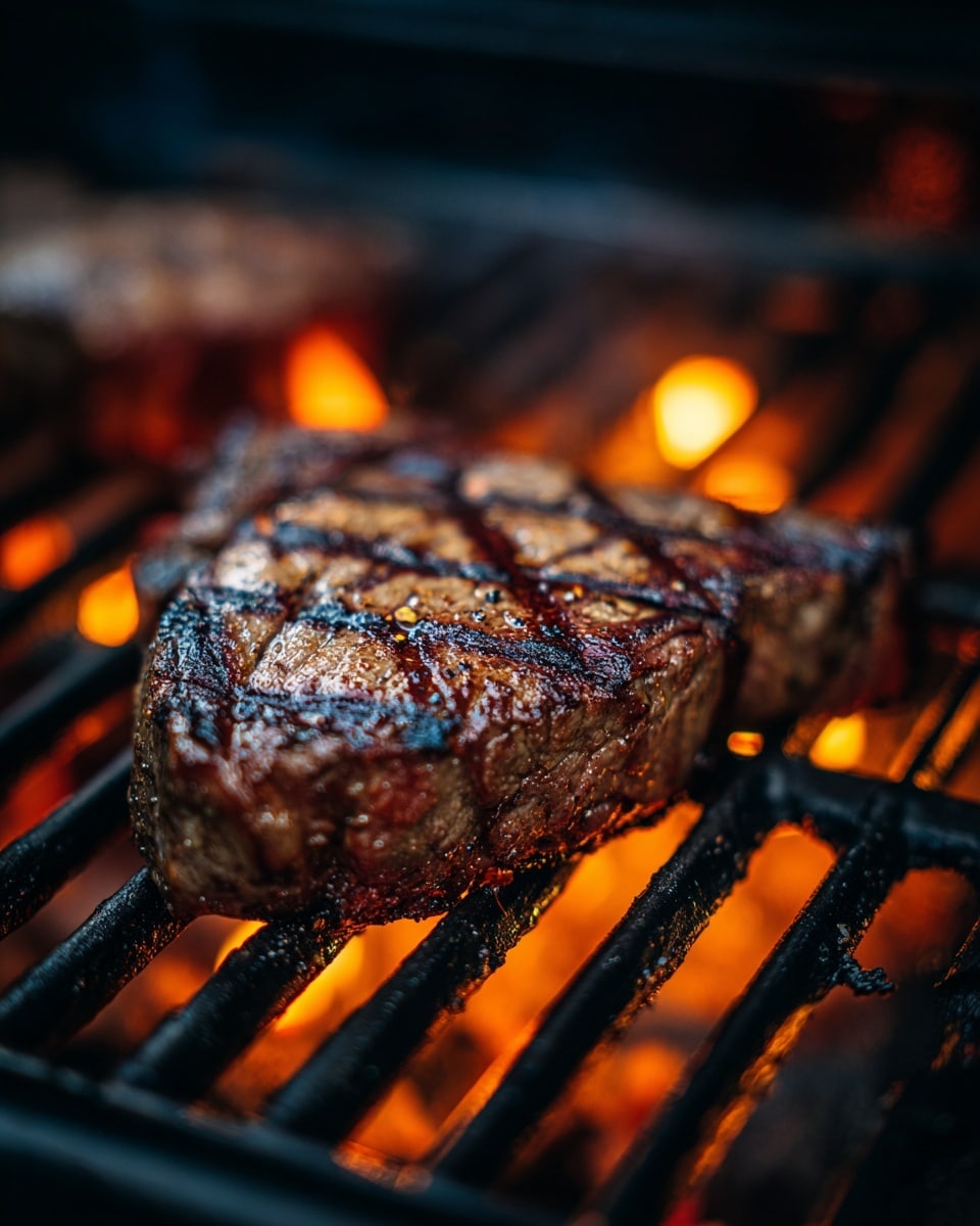 A close-up of a juicy brown steak cooking on a black grill with clear dark grill marks in a crisscross pattern on its surface, showing slight charring and a textured, cooked outer layer. The grill bars beneath are evenly spaced with glowing orange-red flames visible in between, adding warmth to the scene. The steak appears thick, well-cooked on the outside, and juicy inside. Photo taken with an iphone --ar 4:5 --v 7