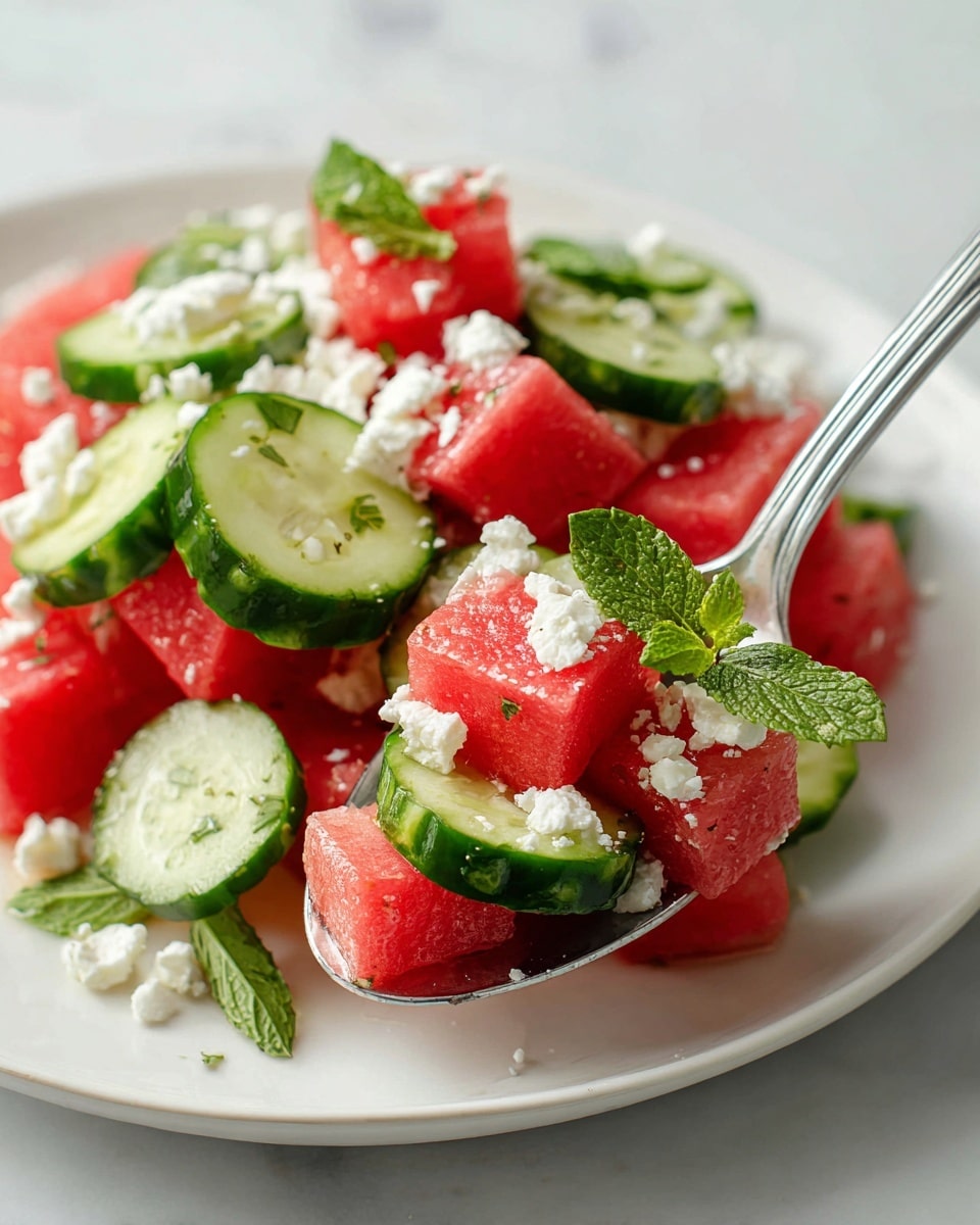 The image shows a fresh salad made of three main layers on a white plate placed on a white marbled surface. The bottom layer has bright red cubes of juicy watermelon, partly covered by medium-sized green cucumber slices with dark skin and light flesh, placed unevenly above. The top layer is made of scattered white crumbled cheese and small green mint leaves adding freshness and texture. A silver spoon holds a close-up portion of the salad showing the red watermelon cubes, green cucumber slices, white cheese crumbles, and mint leaves, all vividly colored and appearing fresh. Photo taken with an iphone --ar 4:5 --v 7