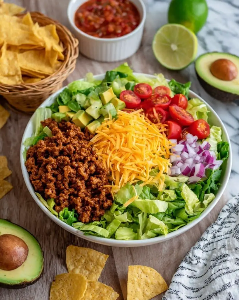Taco Salad with Ground Beef, Fresh Veggies, and Creamy Salsa-Yogurt Dressing Recipe