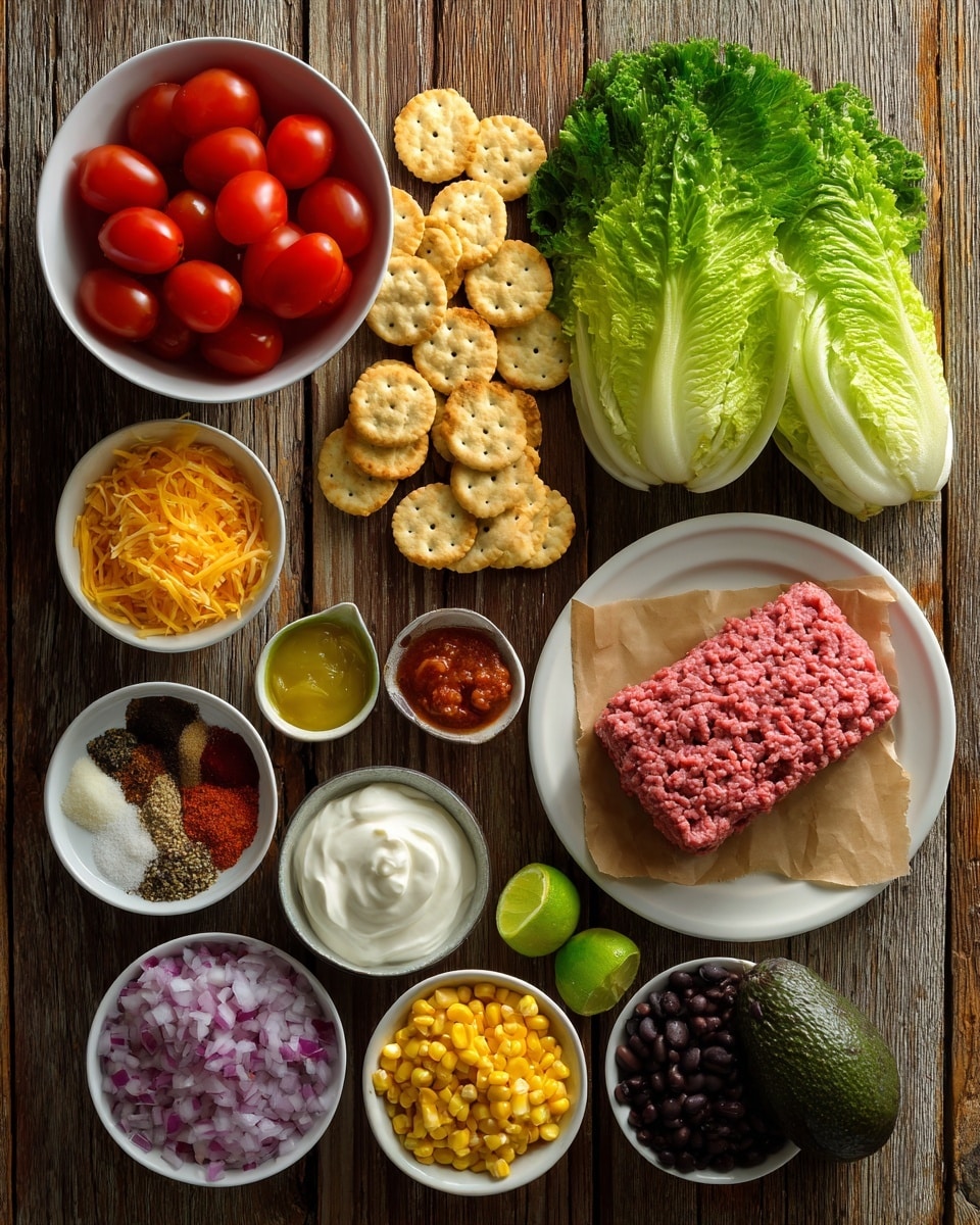 The image shows a wooden textured surface with ingredients arranged neatly. At the top left is a white bowl filled with bright red halved cherry tomatoes next to a pile of round, light golden crackers in the middle top area. To the right is a large green and white romaine lettuce leaf. Below the tomatoes and crackers is a white plate holding a block of pink ground beef on brown parchment paper. Near the plate is a whole dark green avocado. Below are small white bowls containing various ingredients: olive oil, salt, black pepper, chili powder, cumin, salsa with red chunks, chopped purple onions, black beans, bright yellow shredded cheddar cheese, yellow corn kernels, sour cream, and orange taco seasoning. Two lime wedges sit near the bottom center. All items are laid on a wooden surface. photo taken with an iphone --ar 4:5 --v 7