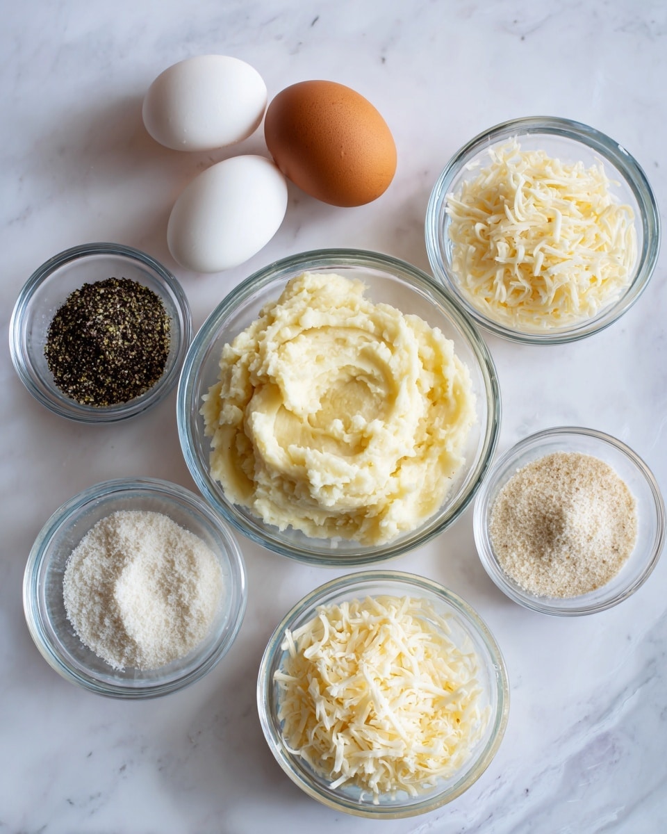 The image shows several small clear glass bowls placed on a white marbled surface. In the center is a bowl with a creamy light yellow mashed potato mixture with a smooth texture. Surrounding it are six smaller bowls: one with an intact brown egg, one with white panko breadcrumbs that look light and fluffy, one with finely ground black pepper in dark gray color, one with shredded pale yellow mozzarella cheese, one with a light brown garlic powder, and one with white coarse salt. Each ingredient is clearly visible with natural lighting giving soft shadows. photo taken with an iphone --ar 4:5 --v 7