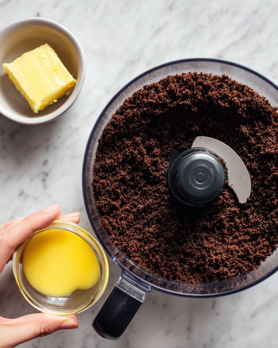 A close-up view of a dark brown crumb mixture inside a clear food processor bowl, with a woman's hand holding a small clear glass bowl pouring bright yellow softened butter on top of the crumbs. The food processor’s black central blade piece is visible in the middle of the crumbs. . The setting and tools all sit on a white marbled countertop. Photo taken with an iphone --ar 4:5 --v 7