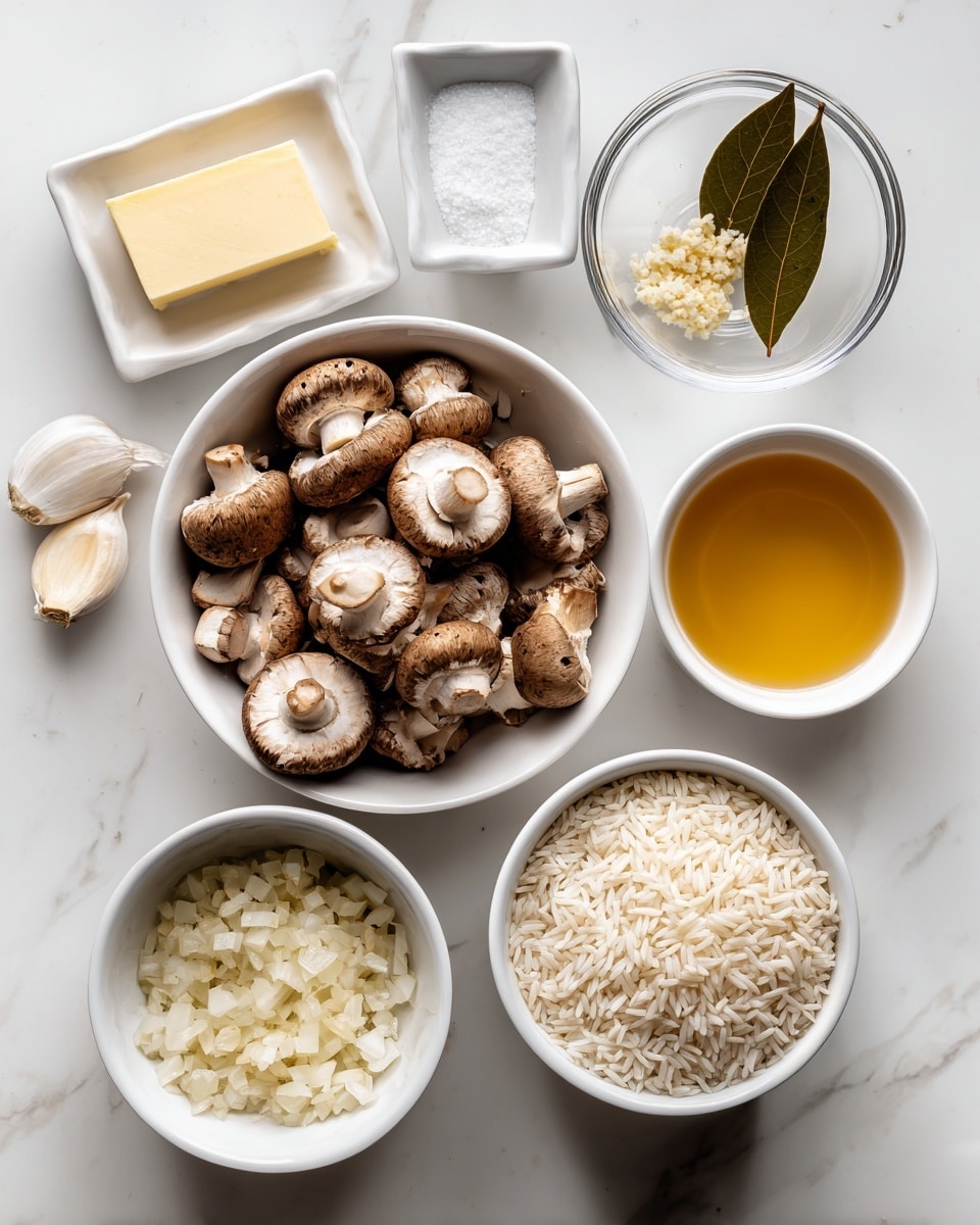 The image shows several white bowls and dishes arranged on a white marbled surface, each containing different cooking ingredients. There is a white bowl full of sliced brown mushrooms at the center. Above it, a small rectangular white dish holds a square of butter, and next to it, a similar dish holds minced garlic. To the right, a small clear bowl contains a single bay leaf above a white bowl filled with golden chicken stock. On the left side, a small white bowl holds coarse salt, while below that, another white bowl contains finely chopped shallots. A round white bowl at the bottom holds uncooked white rice. The overall layout is neat and each ingredient is clearly visible, giving a clean and organized look. Photo taken with an iphone --ar 4:5 --v 7