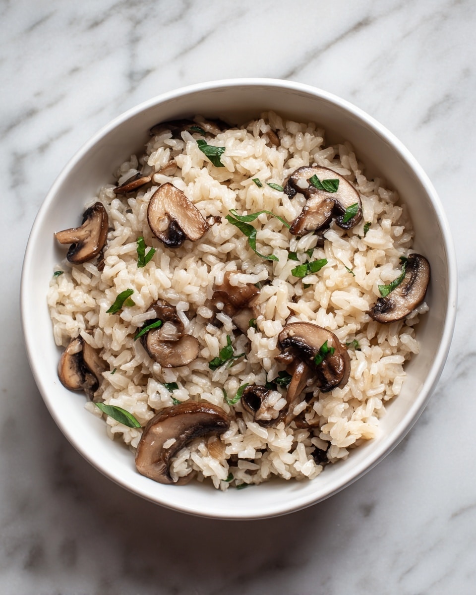 A white bowl filled with cooked rice mixed with small pieces of sliced brown mushrooms evenly spread throughout. There are small green leaf pieces scattered on top, adding a fresh touch. The texture of the rice looks soft and fluffy, and the mushrooms have a tender, slightly shiny look. The bowl is placed on a white marbled surface. photo taken with an iphone --ar 4:5 --v 7
