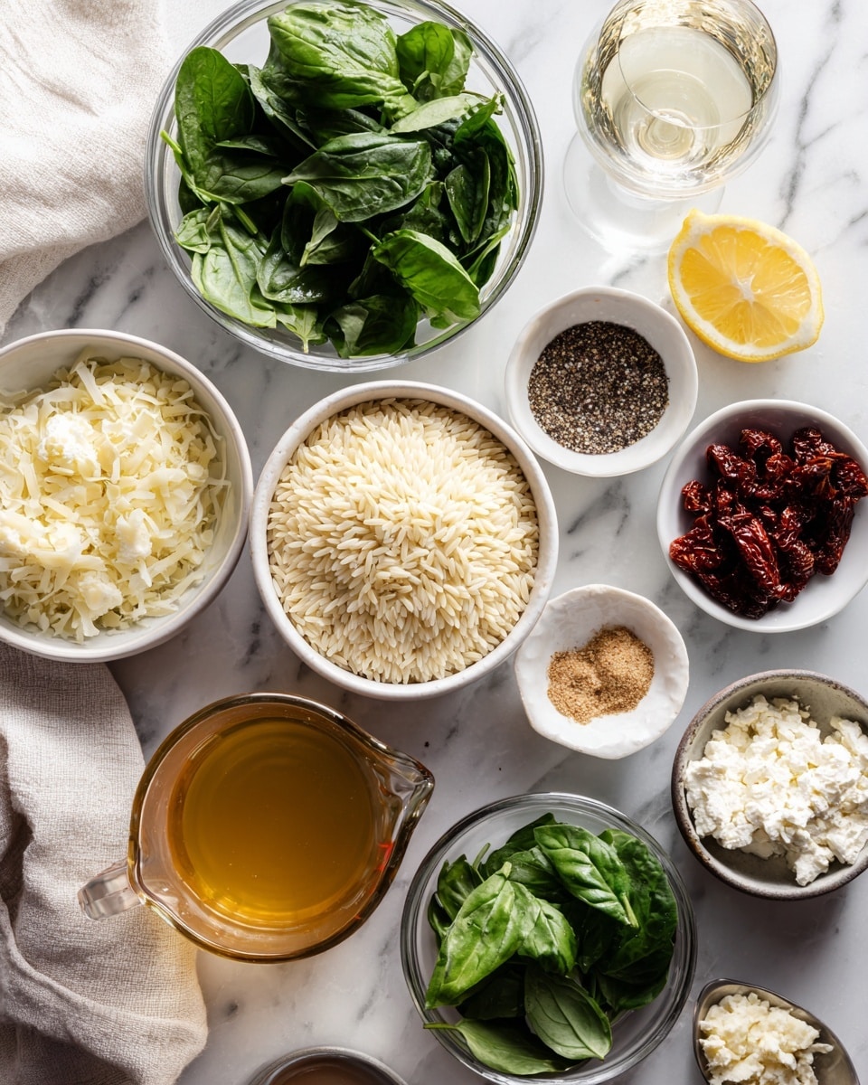 A bright, organized overhead view of various cooking ingredients placed on a white marbled surface. The center shows a white bowl filled with uncooked orzo, surrounded by smaller clear glass bowls holding fresh green spinach leaves and dark red sun-dried tomatoes near the top. To the right, small white bowls contain finely chopped shallots and minced garlic next to each other, while behind them is a glass filled with white wine. Below these are stone and ceramic containers of salt and coarse black pepper. At the bottom left, a glass measuring cup holds golden chicken broth, while beside it, a white bowl contains shredded parmesan. A clear bowl with two lemon halves sits above a bowl of white flour and a small bowl of light brown garlic powder. Cream cheese fills another white bowl, and fresh basil leaves lay near the bottom left corner. A white cloth napkin is casually placed on the left side of the frame. The overall arrangement is clean, neat, with natural light highlighting the textures and colors. Photo taken with an iphone --ar 4:5 --v 7