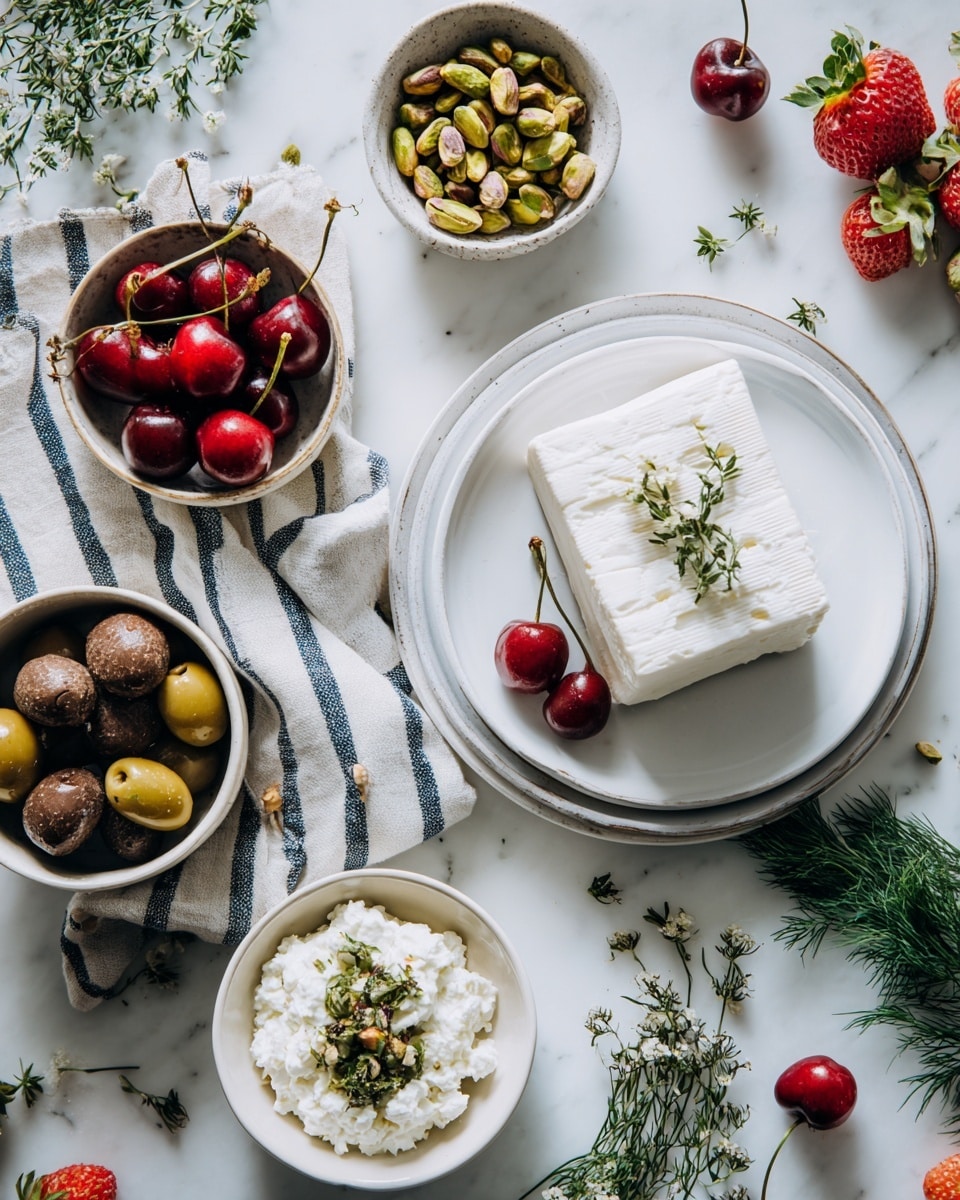 A light food arrangement on a white marbled surface shows several white plates and bowls. On the right, a stack of two plates holds a block of white cheese with a sprig of thyme on top. Above it is a small bowl full of red cherries with stems, placed on a cloth with blue stripes. Next to it is a smaller bowl filled with green pistachios. To the left is another bowl with five round, dark brown balls, likely a sweet or snack. Below that is a small bowl of mixed olives on the striped cloth, with some herbs and leaves scattered around. At the bottom center, a bowl of white ricotta cheese sits on a white plate that holds dill and a cherry close by. Green leaves and fresh dill sprigs are spread around the scene, along with some red strawberries on the bottom right side. The setting is bright and fresh, arranged neatly across the surface. photo taken with an iphone --ar 4:5 --v 7