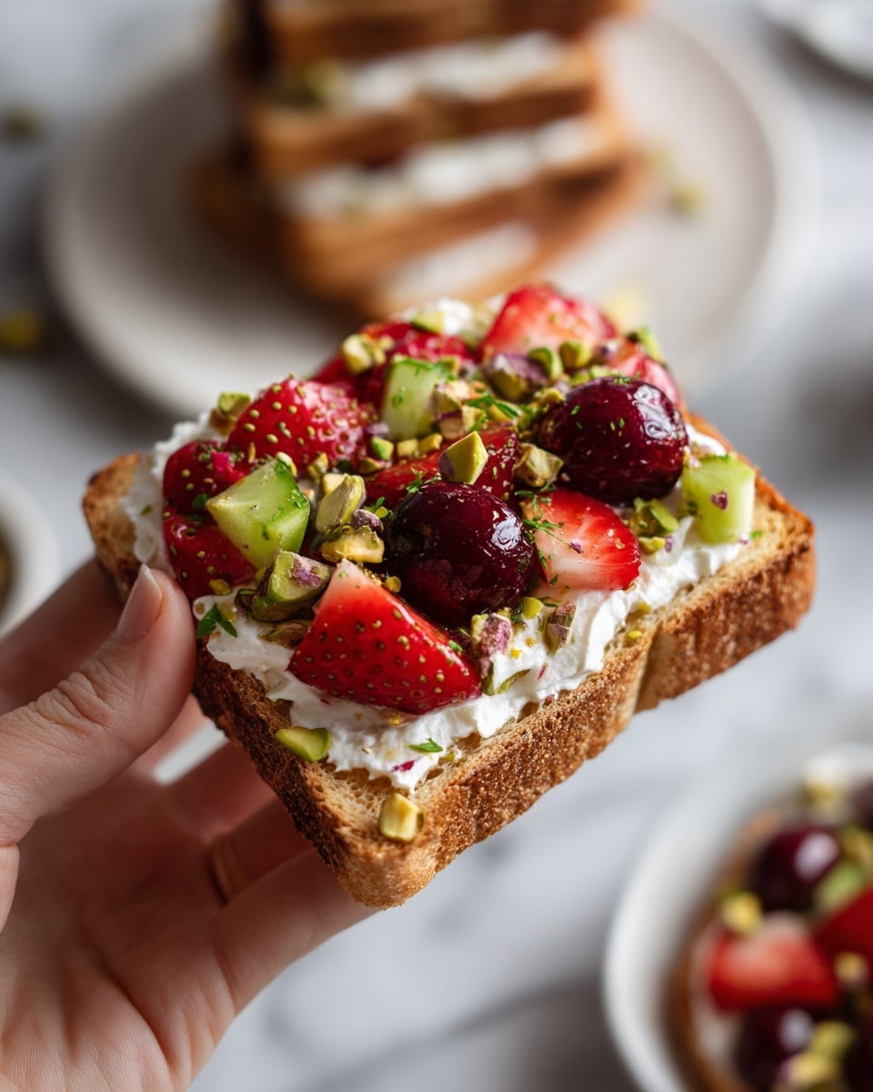 A woman's hand holding a slice of toasted bread with a thick layer of white cream spread on top, layered with thin slices of red strawberries, chopped dark red cherries, small green cucumber pieces, fresh green herbs, and sprinkled with crushed green pistachios. The background shows a white marbled surface with a white plate holding more of the same stacked toasts, slightly blurred to keep focus on the held toast. The toast is golden brown with a crisper texture on the edges. photo taken with an iphone --ar 4:5 --v 7