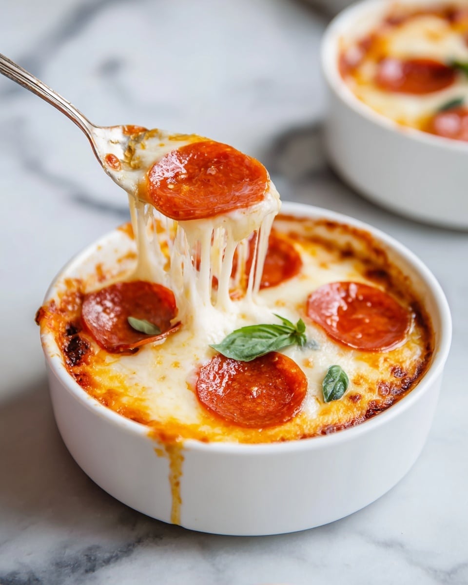 A white bowl filled with melted cheese in the middle layer that is creamy white and stretchy, topped with bright red pepperoni slices, with an orange-red tomato sauce layer visible around the edges, all placed on a white marbled surface. A spoon is lifting one slice of pepperoni with the stretchy cheese hanging down toward the bowl. There is a small green basil leaf on the cheese near the edge of the bowl. In the background, there is a second white bowl with similar contents, slightly out of focus. Photo taken with an iphone --ar 4:5 --v 7