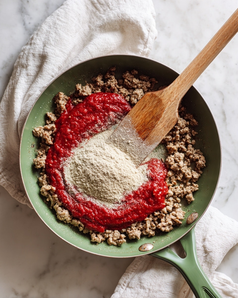A green frying pan holds crumbled cooked ground meat spread out on the bottom, with a bright red sauce poured on top in the middle, and a light beige powder sprinkled over the sauce. A wooden spatula rests inside the pan, slightly covered with the powder and sauce. The pan sits on a white marbled surface with a white cloth nearby, creating a clean and bright setting. photo taken with an iphone --ar 4:5 --v 7