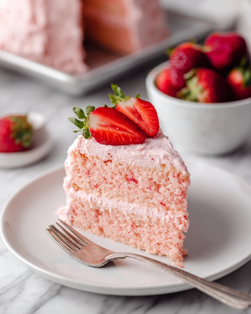 A slice of pink cake with one thick layer showing a soft texture sits on a white plate. The cake has a smooth, light pink frosting layer evenly spread on top. Two fresh strawberry halves, bright red with visible seeds and juicy texture, are placed on the frosting. A silver fork rests on the plate near the cake. In the background, a white bowl filled with whole strawberries and a baking tray with more of the same pink cake are visible on a white marbled surface. Photo taken with an iphone --ar 4:5 --v 7