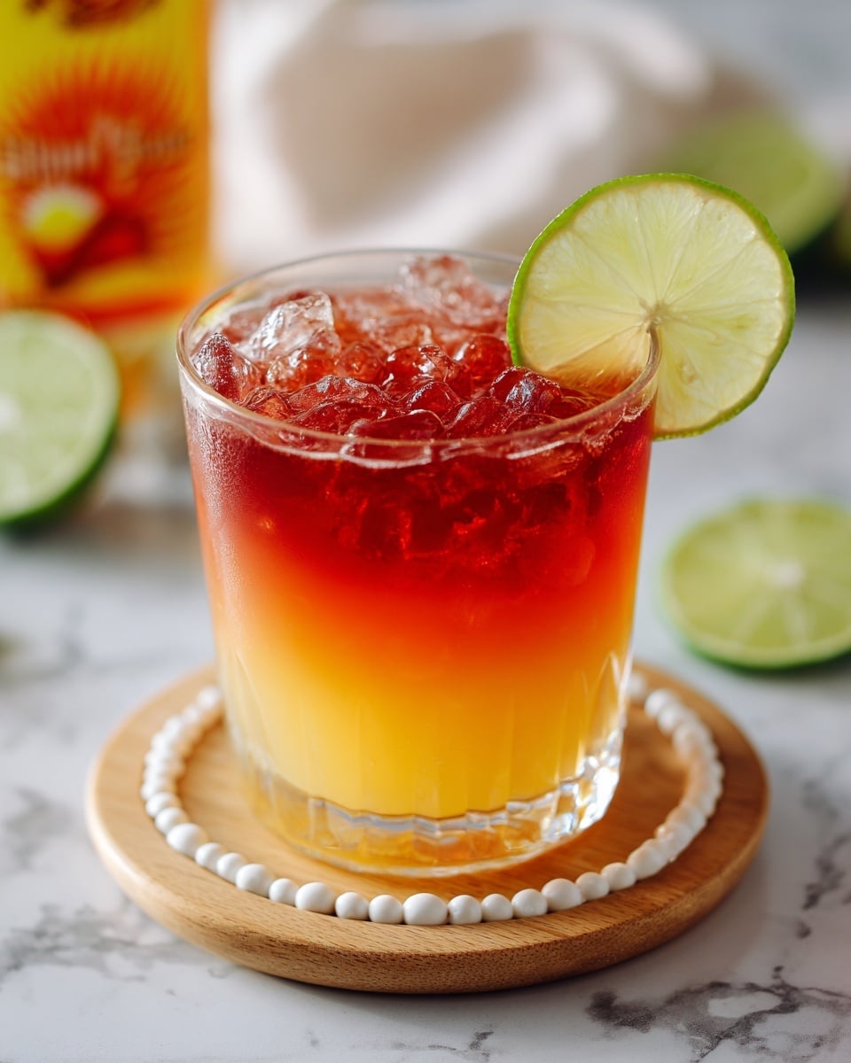 A clear short glass filled with two visible layers of liquid: the bottom layer is a smooth yellow-orange color, and the top layer is a bright deep red with ice cubes floating inside. On the edge of the glass, there is a slice of lime placed as a garnish. The glass sits on a round wooden coaster with white beaded decoration around the edge, all on a white marbled surface. In the background, there is a blurred bottle with a yellow and red sunset logo, and slices of lime are scattered around. Photo taken with an iphone --ar 4:5 --v 7
