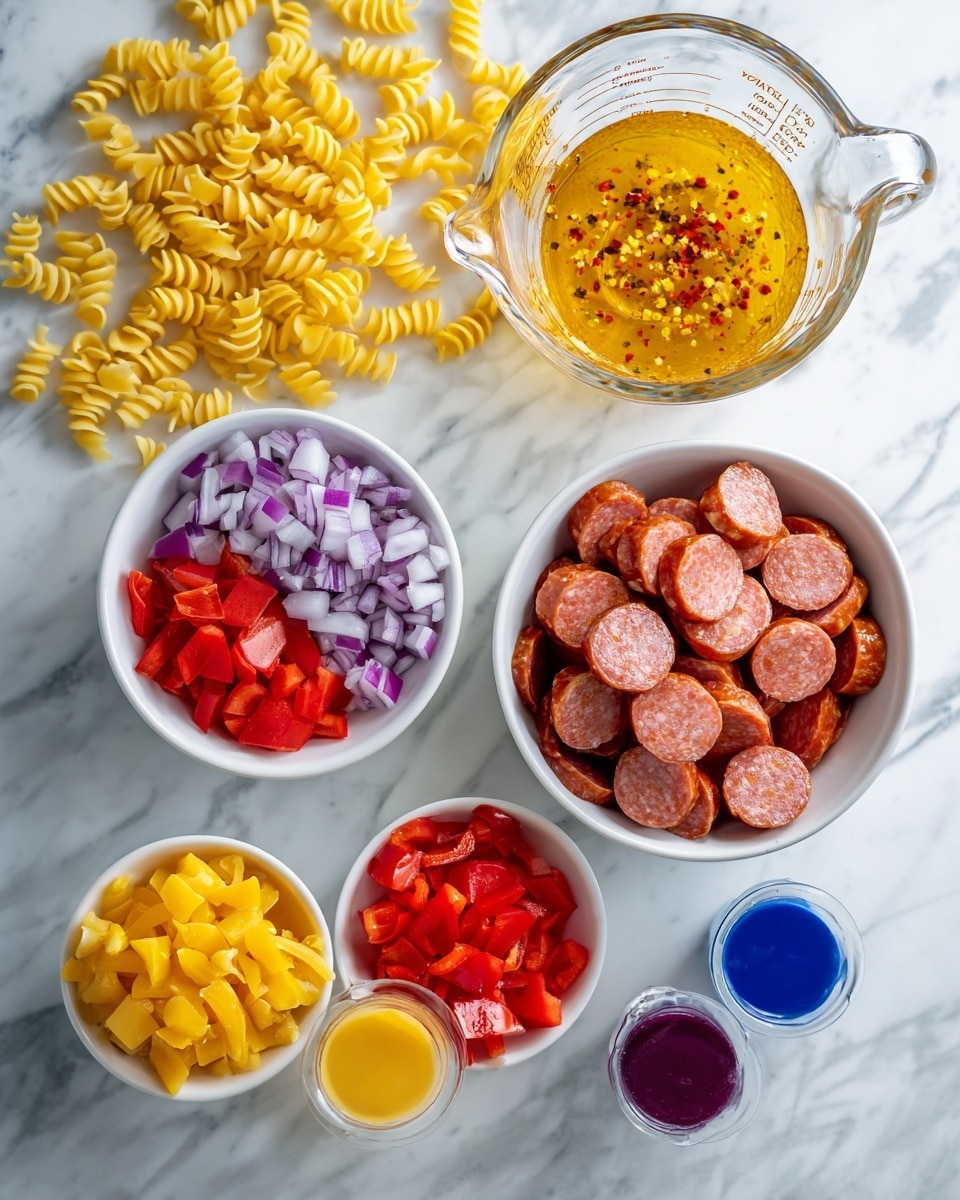 The image shows raw ingredients arranged on a white marbled surface. There is a clear glass measuring cup filled with a golden-yellow liquid with tiny red and black specks, placed near the top center. Below it, in white bowls, are diced red bell peppers, chopped purple onions, and yellow cheese cubes. To the right of the peppers is a bowl filled with thinly sliced circular pieces of sausage that are reddish-brown. In the top left corner are bright yellow spiral pasta pieces scattered loosely. At the bottom, there are two small tubes of color gel, one blue and one red, lying next to each other. The whole setup looks clean and bright. Photo taken with an iphone --ar 4:5 --v 7