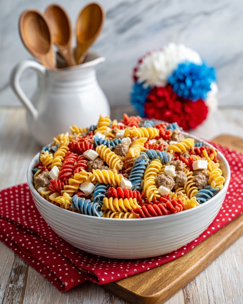 A large white bowl filled with colorful spiral pasta in red, blue, and yellow layered with small slices of light brown sausage and white cheese cubes, all mixed together. The bowl sits on a red cloth with white polka dots, placed on a light wooden board with a white marbled background. Behind the bowl, there is a white pitcher holding wooden spoons, and a decorative blue, red, and white pom-pom is placed in front of the pitcher. Photo taken with an iphone --ar 4:5 --v 7