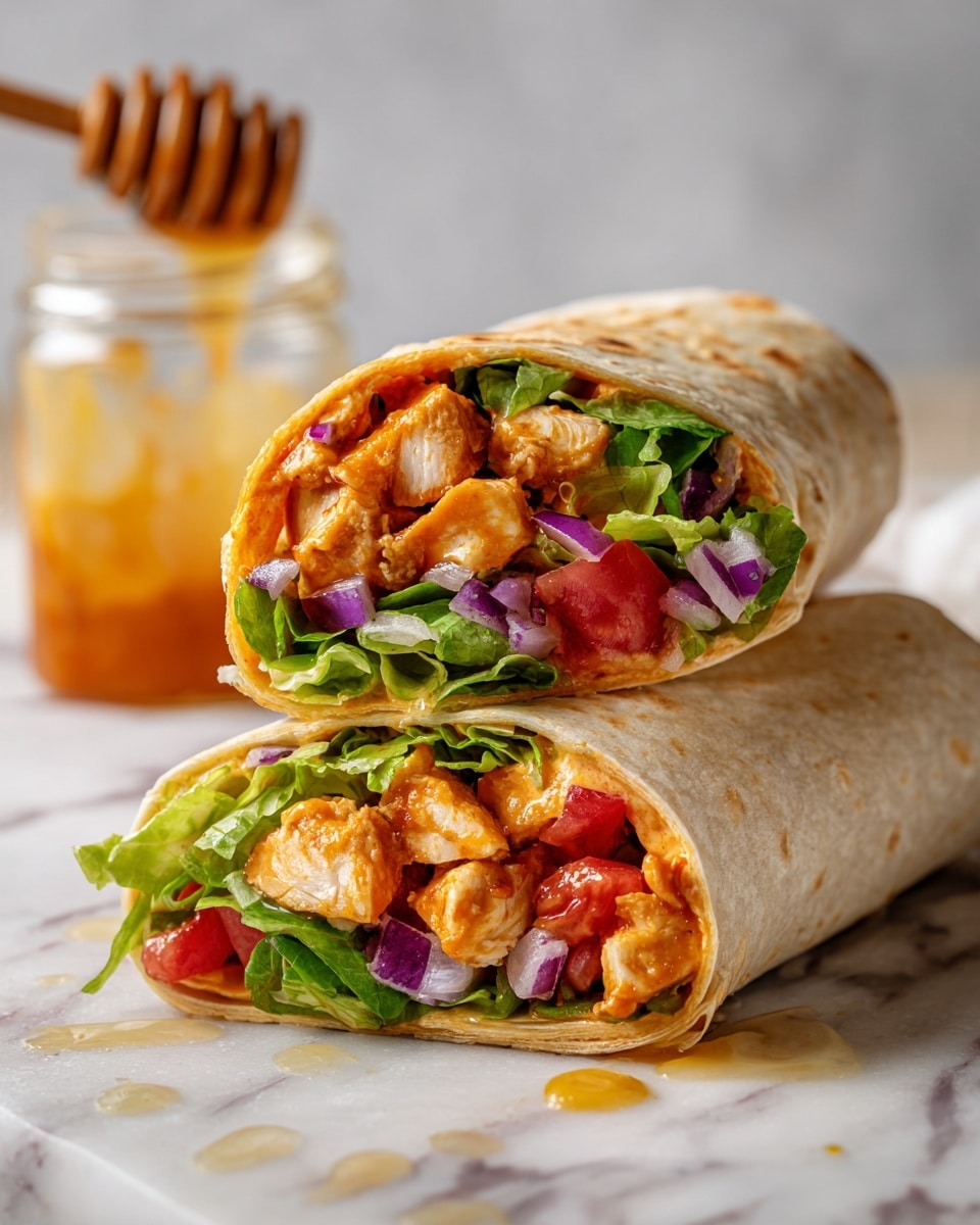 Two halves of a wrap are stacked on a white marbled surface, showing inside layers of orange-coated cooked chicken chunks, fresh green leafy lettuce, diced red tomatoes, and small pieces of purple onion all wrapped in a soft, light beige tortilla. The wrap also has a thin layer of orange sauce visible inside. In the background, a glass jar filled with sauce and a wooden honey dipper with sauce drips are seen. Photo taken with an iphone --ar 4:5 --v 7