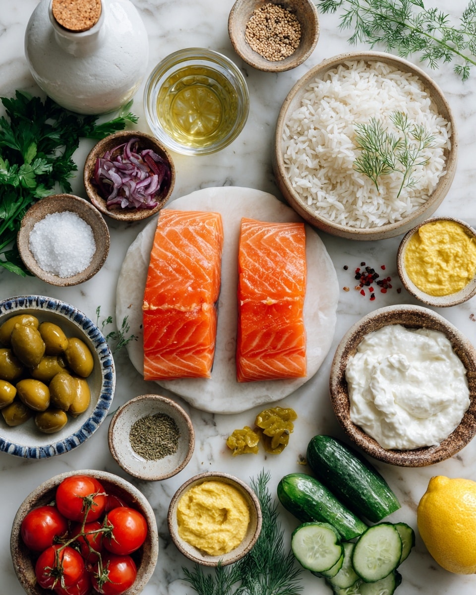 The image shows a flat lay of various fresh and dried ingredients arranged neatly on a white marbled surface. In the center, there are two bright orange raw salmon fillets with visible lines of fat. Around them are different small bowls and piles of ingredients including glossy, light green olives in a small bowl, halved dark green cucumbers, a pile of white cooked rice in a white bowl, and a bowl of thick white Greek yogurt. There are small bowls with yellow mustard, red-purple pickled onions, dried green dill, beige garlic powder, dried oregano leaves, black pepper, red Aleppo pepper flakes, and coarse white salt. A round glass of clear water is placed near fresh green parsley and bright red halved cherry tomatoes in a small brown bowl. A halved lemon with a yellow flesh is also visible. There is a rustic white ceramic bottle with a cork stopper labeled oil. Three yellow pepperoncini are in a small brown bowl. The entire scene is bright and colorful, showing fresh, dry, and liquid ingredients clearly with natural textures and fresh colors. Photo taken with an iphone --ar 4:5 --v 7