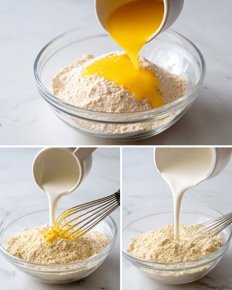 The image shows three steps of mixing ingredients in a clear glass bowl placed on a white marbled surface. In the first step, a mound of light beige flour with a powdery texture sits in the bowl's center. The second step shows a white bowl pouring bright yellow beaten eggs with a smooth texture into the flour, a whisk with a gray handle resting inside the glass bowl. In the third step, a white liquid, likely milk, is being poured from a clear glass container into the glass bowl over the flour and beaten eggs with the whisk still in the mixture. Photo taken with an iphone --ar 4:5 --v 7