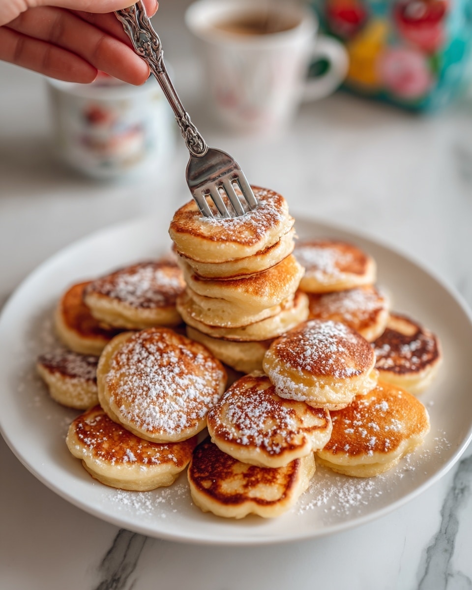 A large white plate filled with many small, round mini pancakes in different shades of golden brown, some lighter and some darker, dusted lightly with white powdered sugar. In the center, a woman's hand holds a silver fork pierced through a vertical stack of five mini pancakes, showing their soft and slightly fluffy texture. The background has a white marbled texture with blurred elements like a white cup and a colorful container partly visible. photo taken with an iphone --ar 4:5 --v 7