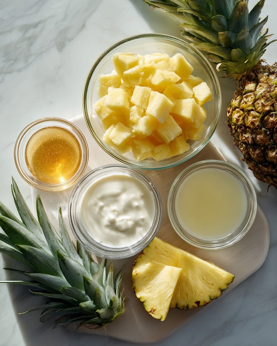 The image shows a white wooden board on a white marbled surface, with five glass bowls arranged neatly. The largest bowl at the top center holds many small yellow frozen pineapple cubes. Below and to the left is a small bowl filled with light creamy coconut milk. Next to it, slightly below is a tiny bowl with golden honey or agave. To the right of that is a small bowl containing a pale yellow liquid labeled pineapple juice or water. In front, there are two slices of fresh pineapple, showing their juicy yellow flesh and green leaves around them. The lighting is bright and natural, casting soft shadows. Photo taken with an iphone --ar 4:5 --v 7