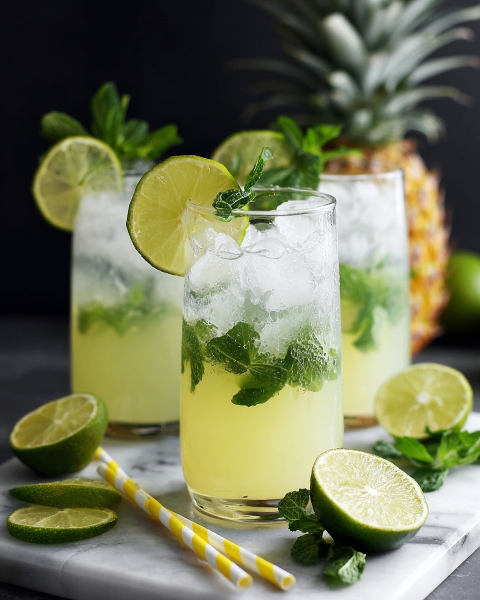 Three clear round glasses filled with light yellow juice with ice cubes inside are placed on a dark textured surface. Around the glasses, there are fresh green mint leaves and two halves of a light green lime. A big pineapple is visible in the top right corner. Two yellow straws with white polka dots lie near the top glass. The background is a white marbled texture. photo taken with an iphone --ar 4:5 --v 7