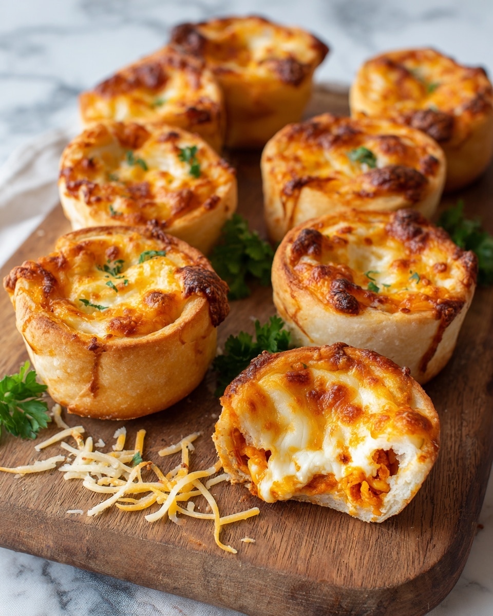 The image shows eight small pizza rolls placed on a wooden board with some parsley leaves around. Each roll has a thick golden brown crust that forms a cup shape, filled with melted cheese and slightly burnt bits on the top surface. One of the rolls in the front is broken open, showing an inside layer of orange pizza sauce mixed with melted cheese and some small bits of toppings. There are scattered shredded cheese pieces on the board around the rolls. The background is a white marbled surface. photo taken with an iphone --ar 4:5 --v 7