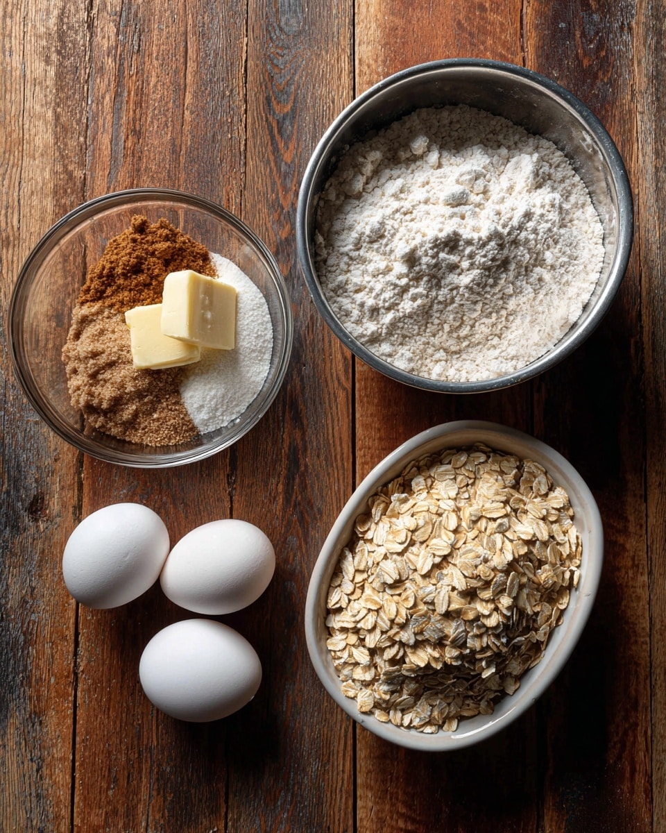 The image shows three bowls and three eggs arranged on a wooden surface. The top right bowl is a silver metal bowl filled with white flour mixed with brown powder spices and a bit of white powder. The bottom left bowl is a clear glass bowl containing brown sugar, white powder, butter, and eggs that are partly mixed. The bottom right oval white bowl holds a generous amount of light brown rolled oats evenly spread inside. Three whole white eggs are placed between the bottom left and right bowls in a triangle shape. The entire scene is set on a rustic wooden background photo taken with an iphone --ar 4:5 --v 7