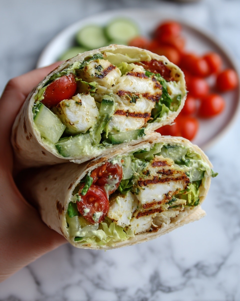 A close-up view of a wrap cut in half, held by a woman's hand, showing two main layers inside: a base layer of grilled white cheese pieces with light brown grill marks, topped with a bright green layer of fresh lettuce leaves and slices of cucumber, interspersed with red cherry tomato halves and a creamy green herb dressing visibly spread around the inner wrap. The wrap itself is light beige and soft, and the scene is set against a white marbled texture. In the background, there is a blurred white plate with more red cherry tomatoes. photo taken with an iphone --ar 4:5 --v 7