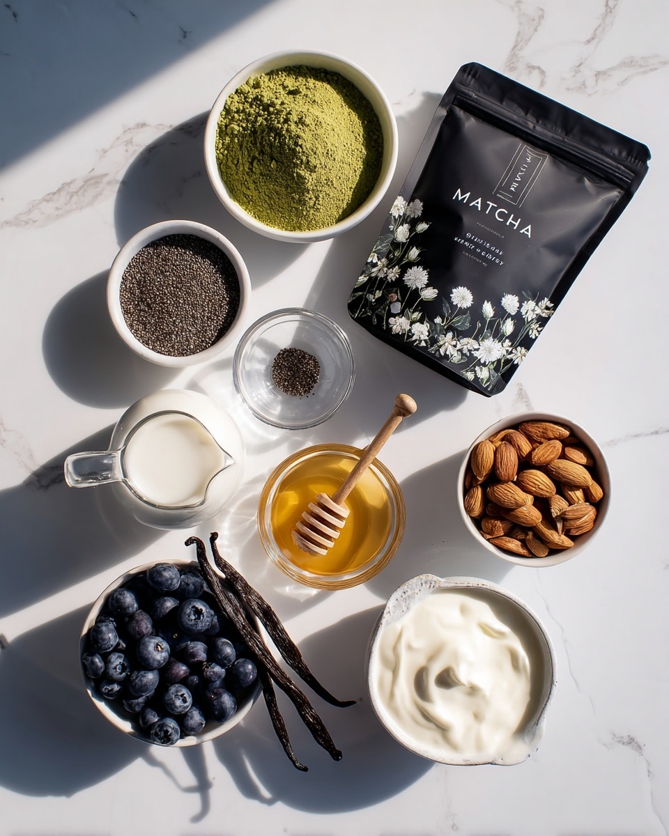 The image shows a collection of ingredients on a white marbled surface arranged neatly in a flat lay. In the center, there is a black packet labeled