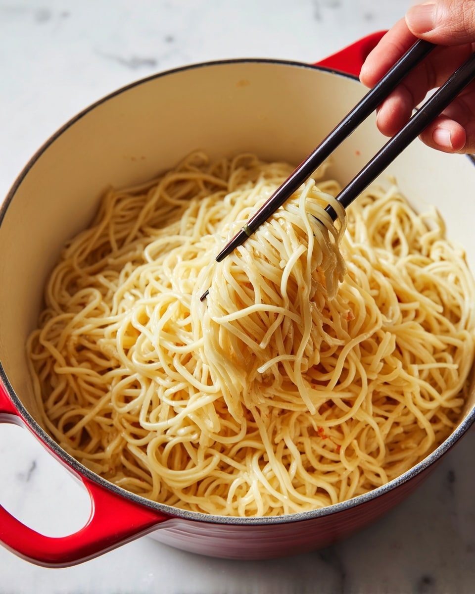 A close-up image shows pale yellow cooked noodles being lifted by black chopsticks held by a woman's hand from a white pot with bright red handles. The noodles look soft and slightly tangled, with a smooth and slightly shiny texture, inside the pot filled with more noodles. The background is a white marbled surface. Photo taken with an iphone --ar 4:5 --v 7