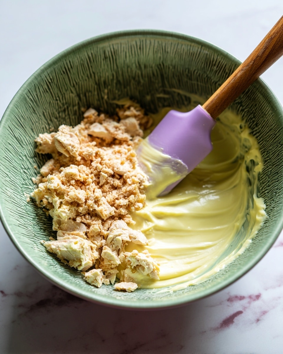 A close-up image shows a textured light green bowl filled with two layers of food: the bottom layer is a smooth, pale yellow creamy mixture, and on top, there are uneven chunks of light pale cooked meat. A spatula with a wooden handle and a purple silicone head is partially submerged in the creamy layer on the right side of the bowl. The bowl sits on a white marbled surface. Photo taken with an iphone --ar 4:5 --v 7