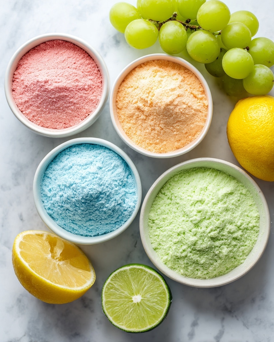 Four small white bowls hold different colors of powdered gelatin arranged in a loose circle on a white marbled surface. The top left bowl contains bright pink raspberry gelatin powder, while the top right bowl holds a pale orange powdered gelatin. At the bottom left is a light blue blueberry gelatin powder, and in the center is a light green lime gelatin powder. In between these bowls are fresh fruits placed naturally: a bunch of green grapes is at the top right above the orange gelatin, a whole bright yellow lemon sits to the bottom right near the lemon gelatin, and a green lime is cut in half with one half lying face up showing its juicy interior next to the whole half, placed near the lime gelatin. All items rest clearly on the smooth white marbled surface. Photo taken with an iphone --ar 4:5 --v 7