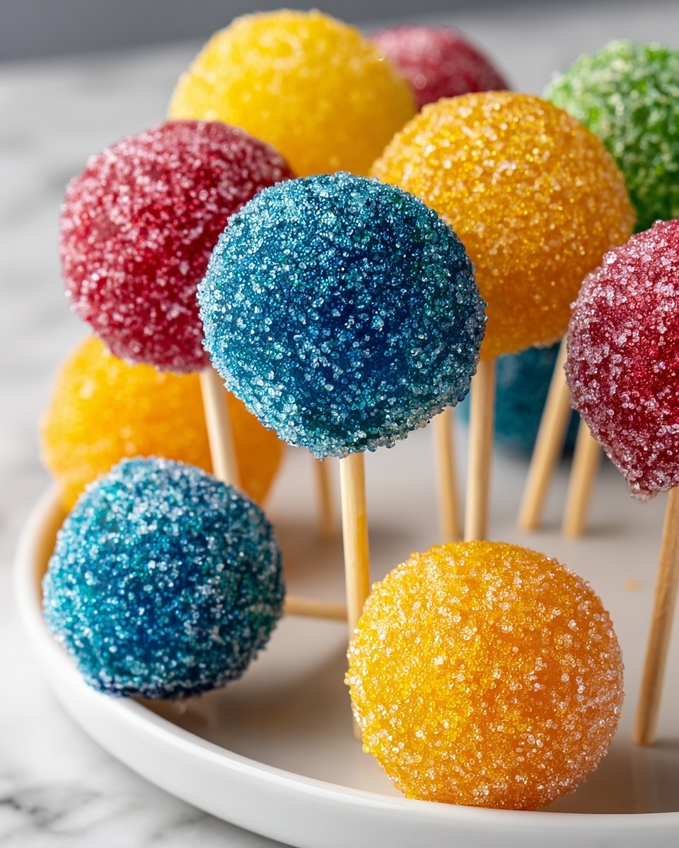 The image shows many colorful round candy pops covered in sugar crystals, each on a wooden stick. The candy colors include bright blue, yellow, red, orange, and green with a textured sugar coating that sparkles. The pops are placed closely together on a white plate with a smooth surface, which sits on a white marbled background. The focus is on the texture and vibrant colors of the candy pops, giving a sweet and fun feeling. photo taken with an iphone --ar 4:5 --v 7