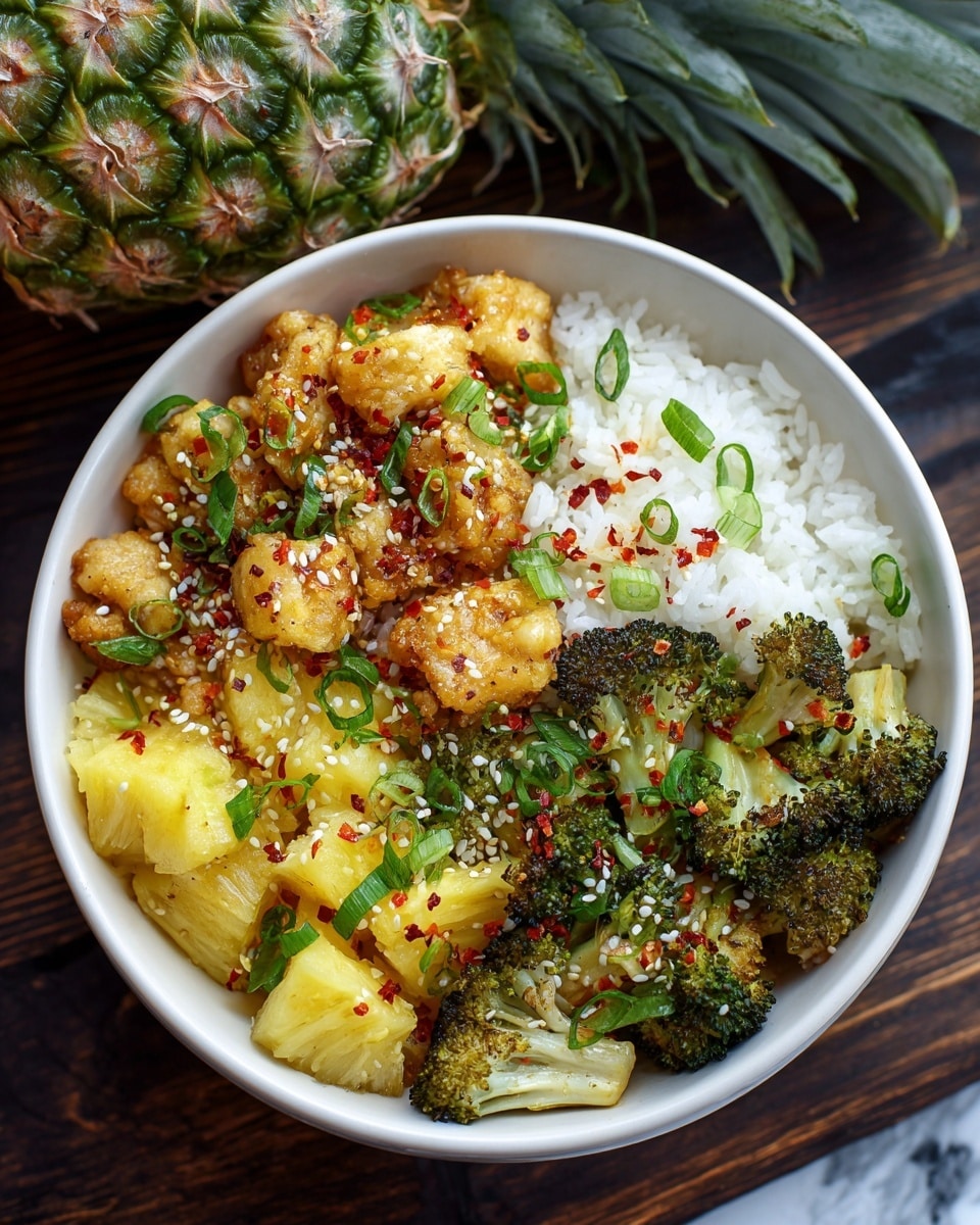 A white bowl filled with three visible layers: the bottom layer is plain white rice, the middle layer consists of bright yellow pineapple chunks and green broccoli pieces, and the top layer has light golden fried chicken pieces mixed with green sliced scallions and sprinkled with white sesame seeds and red chili flakes. The bowl sits on a dark wooden surface with part of a whole pineapple in the background, all set on a white marbled texture. photo taken with an iphone --ar 4:5 --v 7