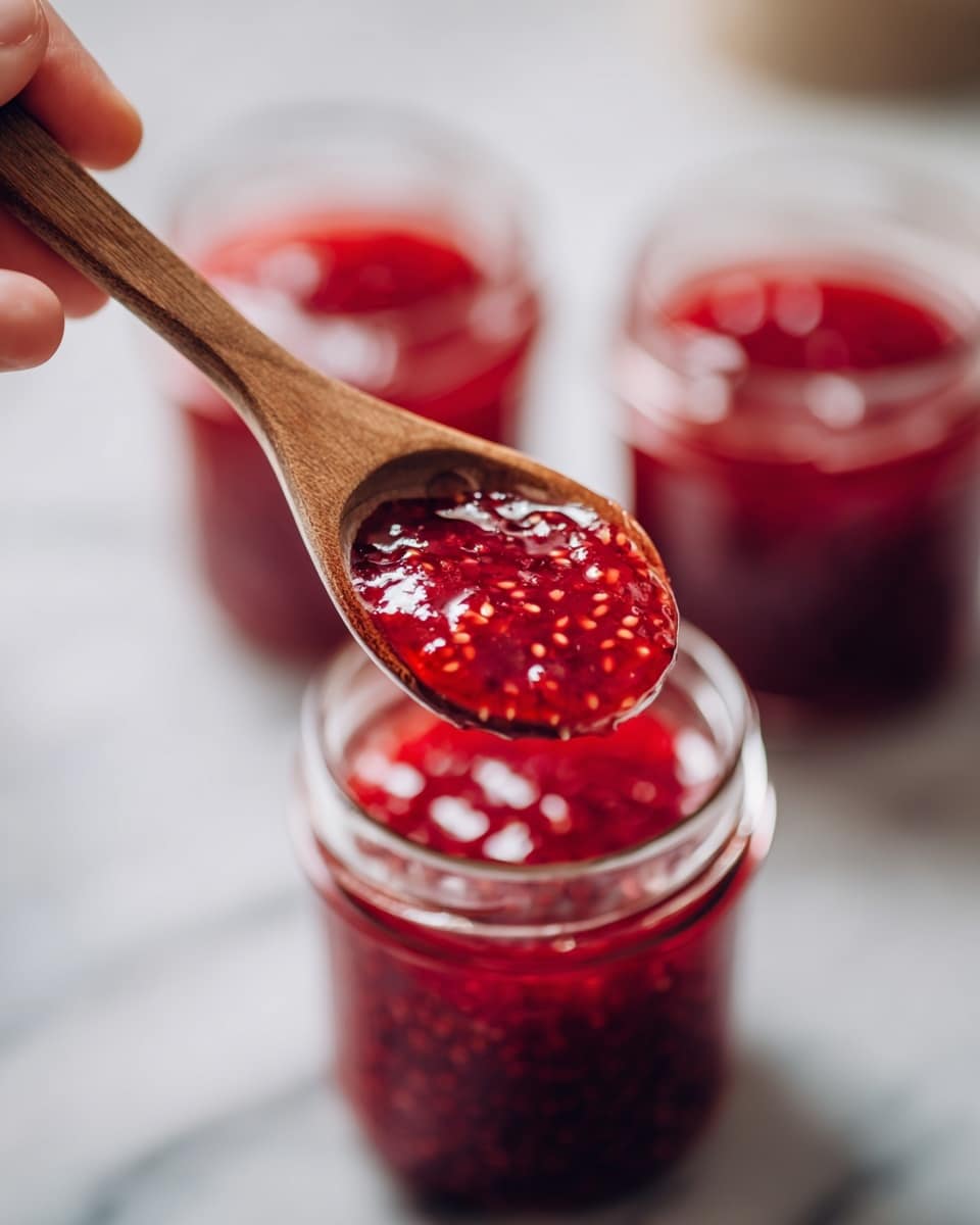 A close-up image shows a wooden spoon held by a woman's hand scooping bright red, shiny jelly with small fruit pieces inside from a clear glass jar filled with the same jelly. The jelly has a thick, sticky texture with visible seeds, making it look fresh and vibrant. In the background, there are more glass jars filled with the red jelly, all placed on a white marbled surface that reflects light softly. The colors focus mainly on the bright red jelly and the natural wood of the spoon, with a soft blurred background. photo taken with an iphone --ar 4:5 --v 7