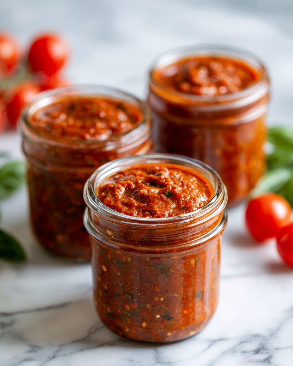Three clear glass jars are filled with thick, chunky red sauce that shows bits of herbs and spices. The jars are tightly packed and placed close to each other on a white marbled surface. In the background, there are a few blurred red tomatoes and some green leaves scattered around, adding freshness to the scene. The sauce has a rich, textured look with a slightly glossy top layer. Photo taken with an iphone --ar 4:5 --v 7
