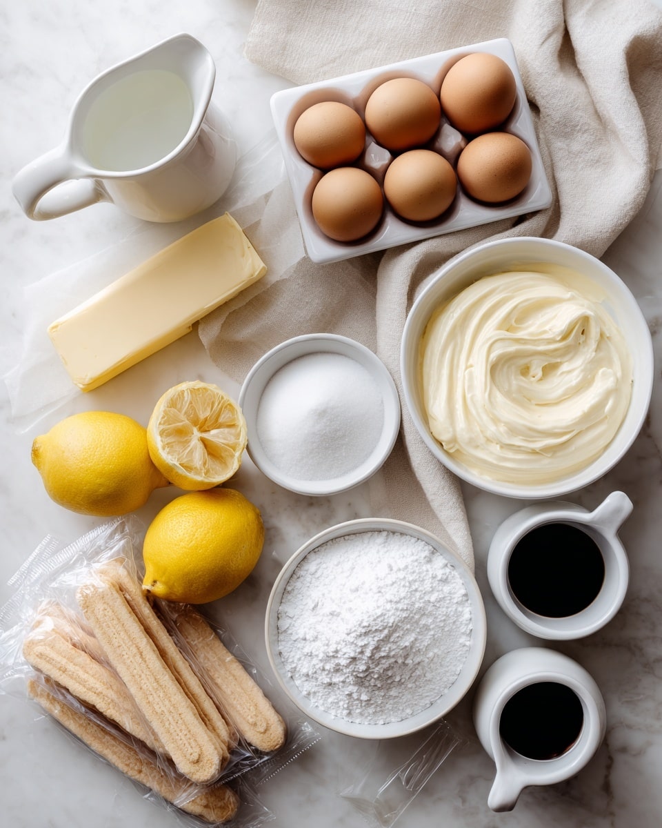 The image shows various baking ingredients neatly arranged on a white marbled surface. In the top left, there is a white pitcher filled with clear water. Next to it are four brown eggs in a white tray, sitting on a beige cloth. Below, a stick of pale yellow butter stands vertically. Two lemons, one whole and one cut in half showing its bright yellow inside, are placed nearby. There is a white bowl of smooth, creamy mascarpone cheese beside another white bowl filled with fine white confectioners' sugar. Nearby, a white bowl holds granulated white sugar, and next to it is a small white cup filled with dark vanilla extract. At the bottom left, two clear plastic packs of light beige ladyfinger biscuits lay flat. On the bottom right, a small white pitcher contains light cream. All the items are evenly spaced, and the setup gives a clean, fresh feel. Photo taken with an iphone --ar 4:5 --v 7