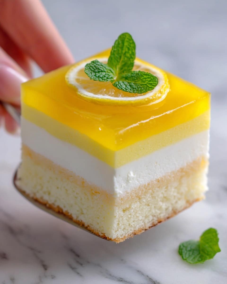 A close-up of a square piece of lemon dessert held by a woman's hand spatula above a white marbled surface, showing three visible layers: the bottom layer is a light beige sponge cake with a soft texture, the middle layer is creamy and white with a smooth look, and the top layer is bright yellow lemon jelly with a glossy surface, topped with a small lemon wedge and two fresh green mint leaves. The dessert looks fresh and moist. Photo taken with an iphone --ar 4:5 --v 7