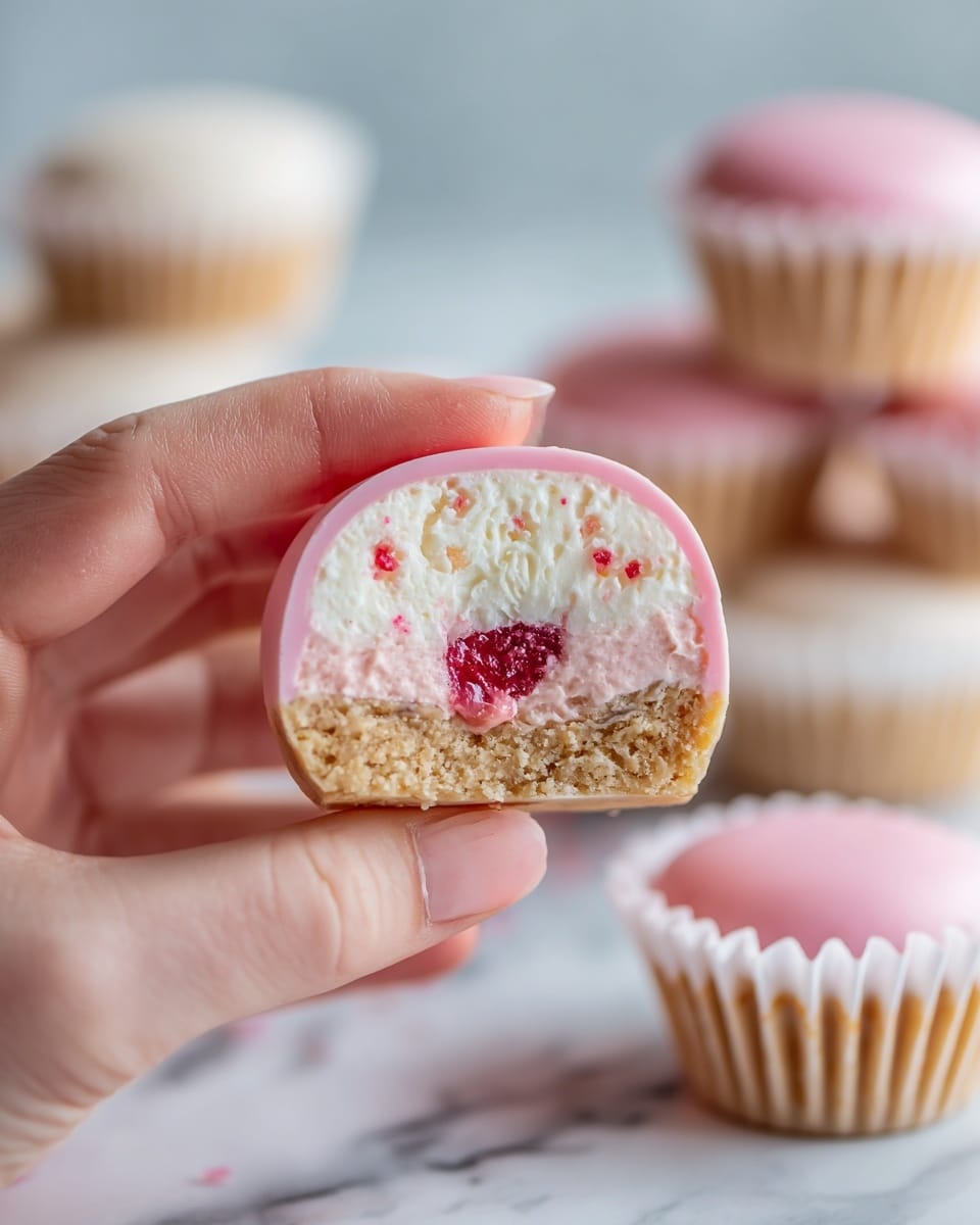 A close-up of a woman's hand holding a half piece of a pink oval-shaped treat with three visible layers: a smooth light pink outer shell, a textured white inner cream layer, and a creamy filling with small bright red bits inside. In the soft background on a white marbled surface, there are more of the pink treats in white cupcake liners and a stack of round white and tan cookies. Photo taken with an iphone --ar 4:5 --v 7