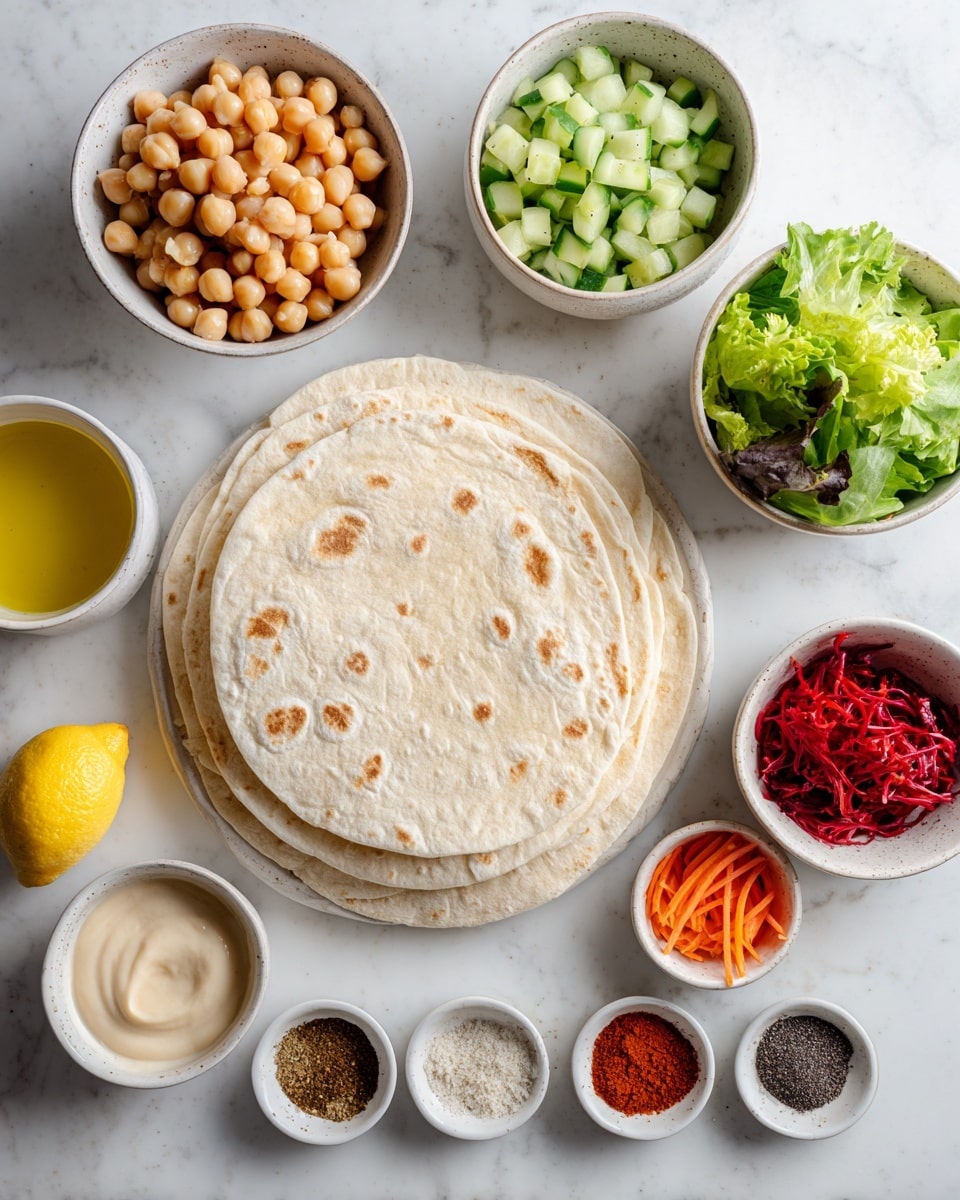 The image shows two light beige tortillas stacked in the middle on a white marbled surface, surrounded by small white bowls and one white bowl filled with ingredients. On the top left is a bowl of light brown chickpeas, next to it is a bowl with pale green diced cucumbers, and on the right side is a bowl with mixed green salad leaves. Below the chickpeas is a small bowl with clear olive oil, next to it is a small bowl with red shredded carrots, and near the cucumbers is a bowl with creamy beige sauce. Around the bottom and right side of the tortillas are small bowls with different powdered spices in shades of white, brown, black, and red, as well as a lemon placed on the lower left side. The scene is clean and bright with a white marbled background. photo taken with an iphone --ar 4:5 --v 7