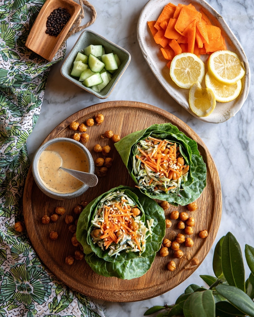 Two wrap halves stand upright on a round wooden board, filled with green lettuce at the bottom, topped with orange shredded carrot, chunks of pale cucumber, and crispy brown chickpeas scattered around the wraps on the board. To the left, a small square white bowl holds light green cucumber pieces. A small grey bowl with a creamy beige sauce and a spoon inside sits behind the board. To the right, an oval white plate with cut orange carrot pieces on a white marbled surface, next to two lemon halves placed on small wooden boards. A patterned cloth with a wooden scoop filled with whole black peppercorns lies at the top left, while a green leafy plant sits at the bottom right. photo taken with an iphone --ar 4:5 --v 7