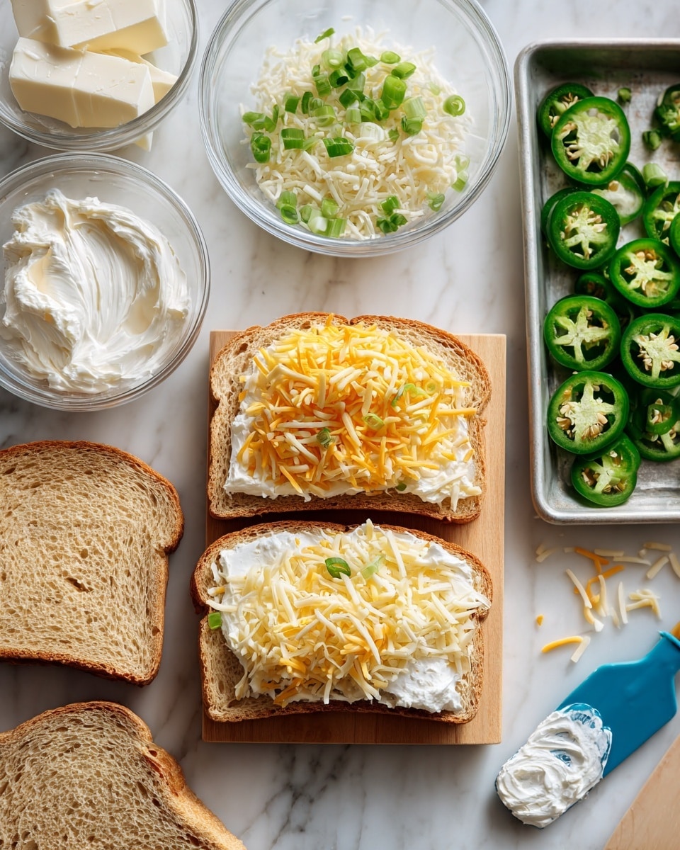 The left side shows ingredients on a white marbled surface: two slices of whole wheat bread at bottom right, shredded yellow and white cheese on the bottom left, a small bowl of white creamy spread above the cheese, a clear bowl with a white block of cheese and some chopped green onions on top at the upper left, and a small metal tray to the right with evenly spaced sliced green jalapeños. The right side shows a wooden board with two slices of bread, one spread with white cream and topped with shredded cheese in orange and light yellow, the other spread with cream and topped with jalapeño slices. There is also a clear mixing bowl with some white spread and a blue spatula with white spread on it near the slices. Photo taken with an iphone --ar 4:5 --v 7