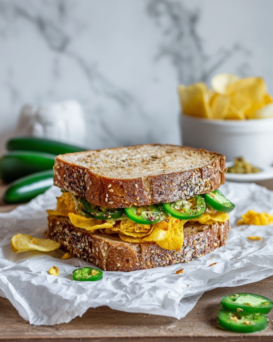 The image shows a sandwich with two slices of toasted multigrain bread with sesame seeds and other grains on the crust. Between the slices, there is a layer of green jalapeño slices and a layer of crunchy yellow potato chips. The sandwich is placed on crumpled white paper on a wooden surface, with some jalapeño slices and potato chips scattered around. In the background, there are green jalapeños and a small white bowl of potato chips on a white marbled surface. Photo taken with an iphone --ar 4:5 --v 7