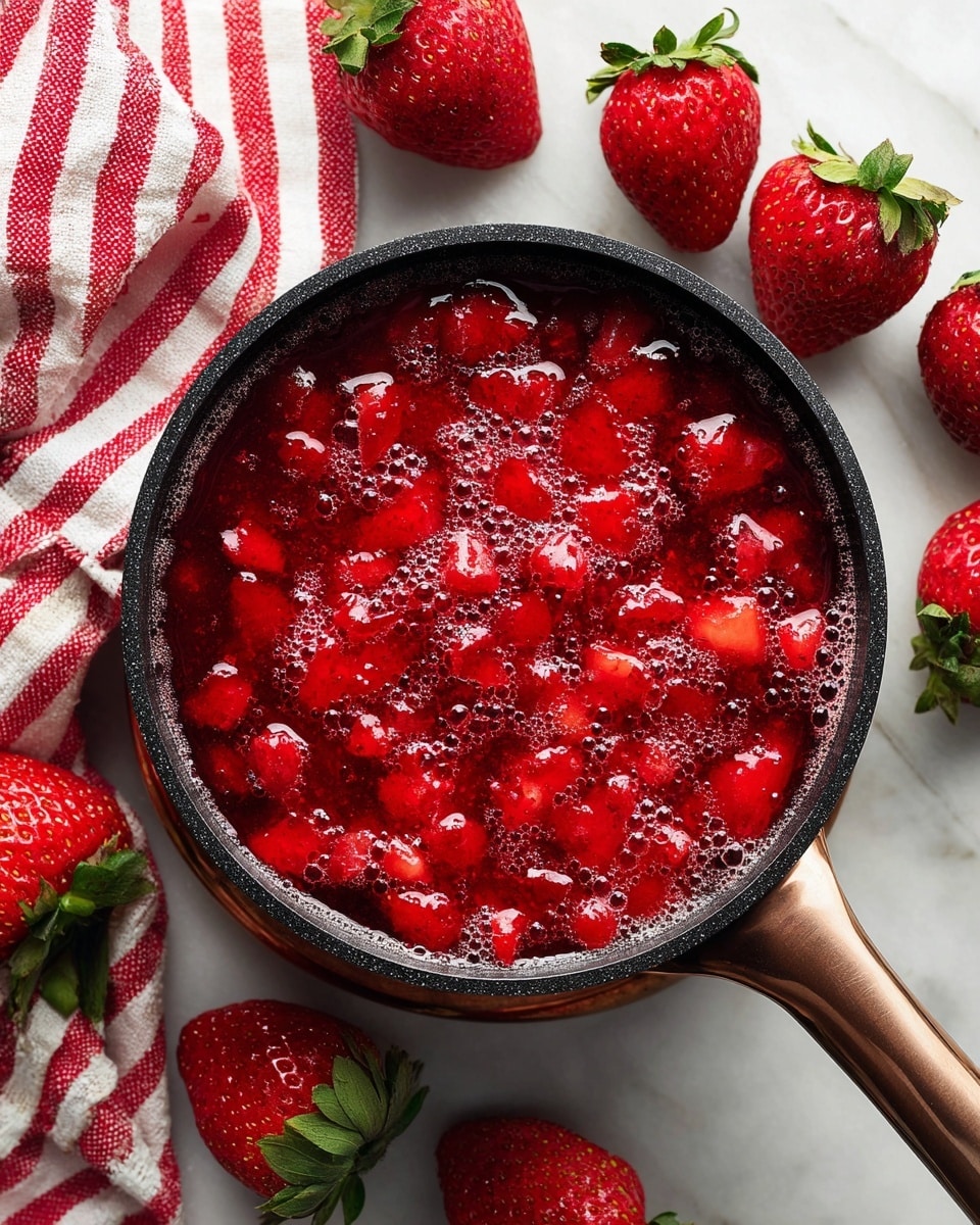 A small black pan filled with bright red, chopped strawberries cooking in a thick syrup with small bubbles on the surface. The pan is resting on a bronze-colored trivet atop a white marbled surface. Surrounding the pan are fresh whole strawberries with green leaves and a red and white striped cloth partly folded in the background. The overall scene is bright and colorful, focusing on the rich reds of the strawberries. photo taken with an iphone --ar 4:5 --v 7