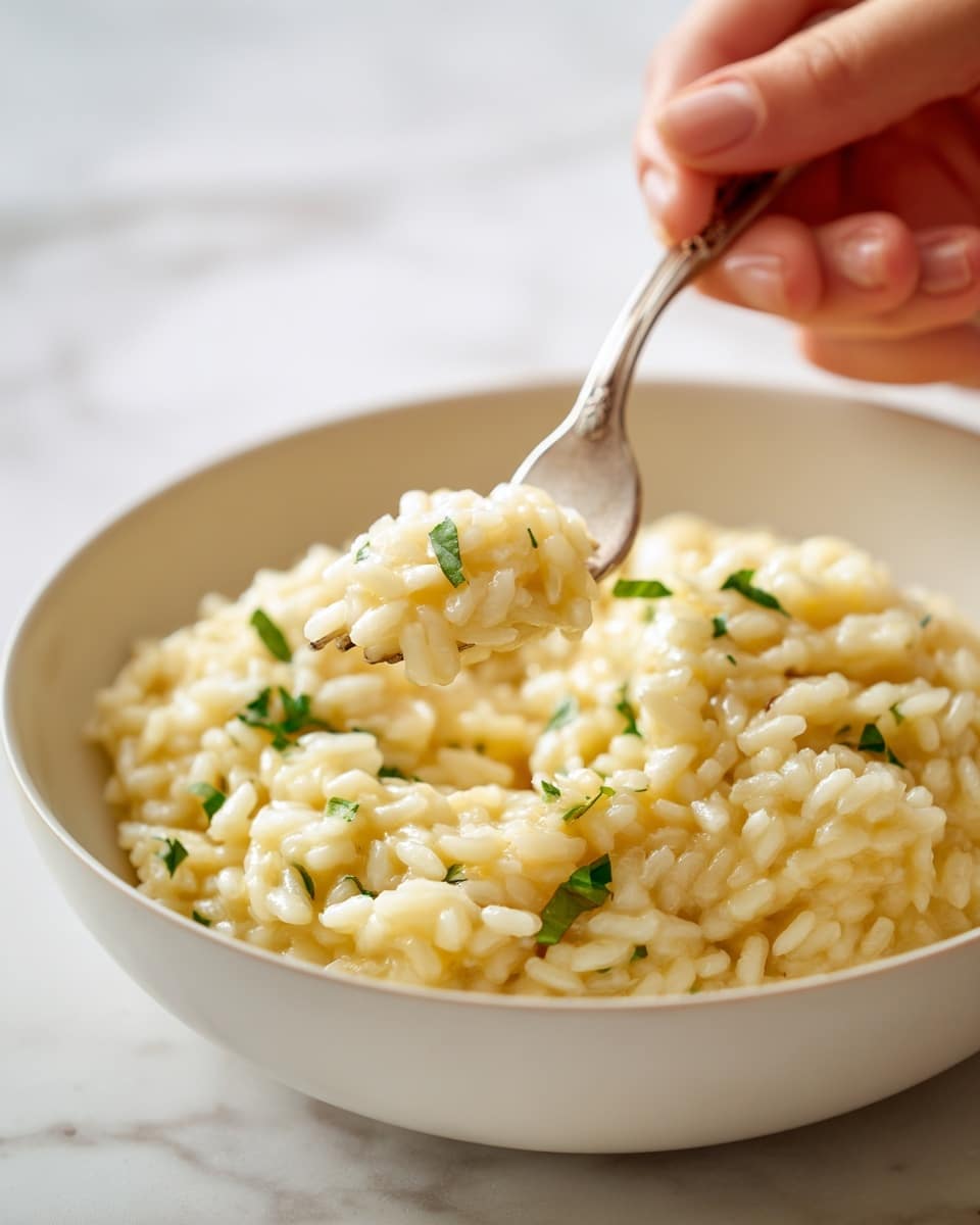 A close-up of creamy risotto in a white bowl, showing the soft, plump rice grains coated in a light yellow sauce, with small green herb pieces sprinkled on top for color contrast. A woman's hand holds a silver fork lifting a bite of the risotto above the bowl, with a subtle white marbled surface background blurred out. Photo taken with an iphone --ar 4:5 --v 7