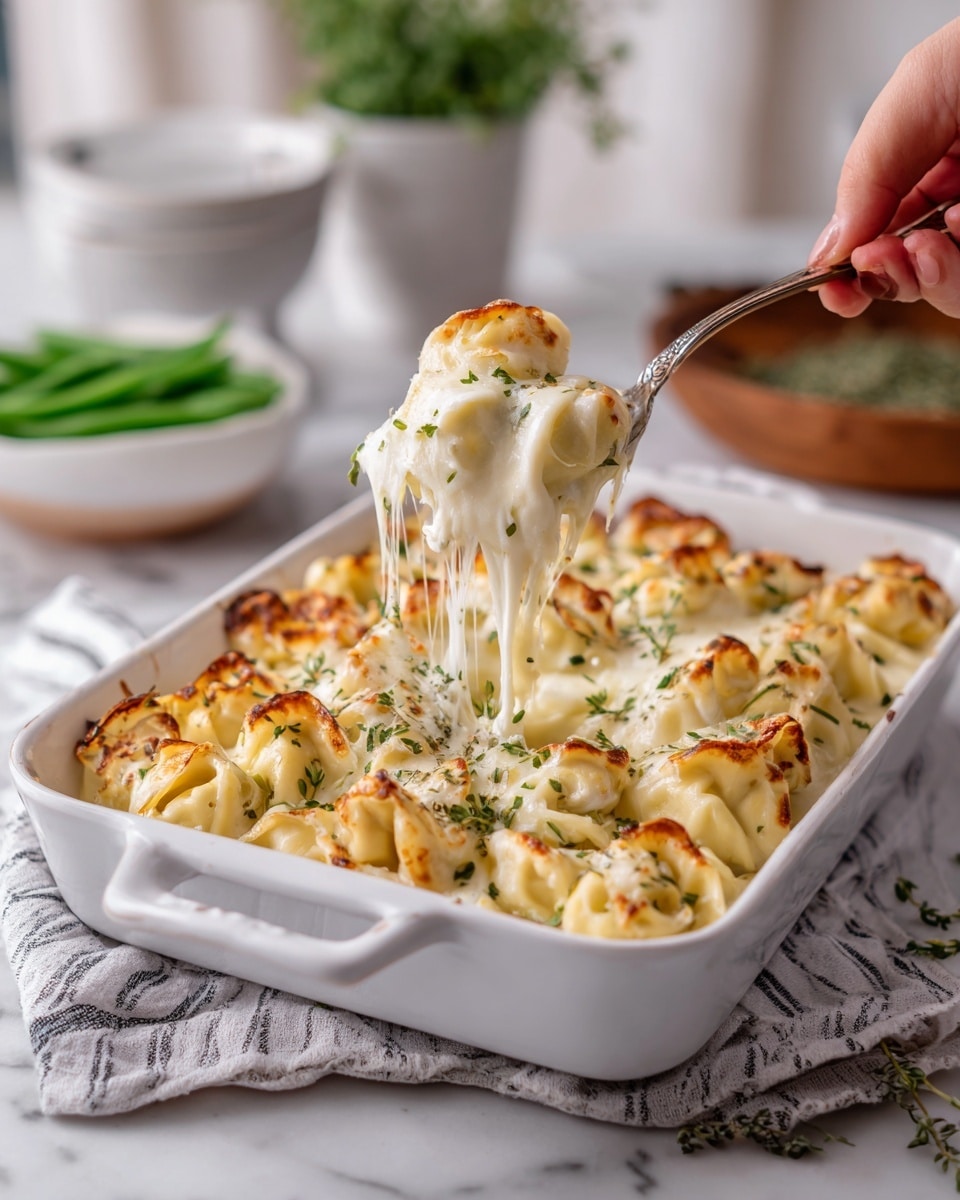 The image shows a white oven dish filled with baked tortellini pasta covered in a thick layer of melted white cheese sauce, sprinkled with small green herbs evenly on top. The pasta pieces are soft and folded, mixed well with the sauce, forming a creamy, textured middle layer. A woman's hand is holding a silver spoon lifting a generous portion of the tortellini from the dish, showing the stretchy cheese dripping down. The dish sits on a white marbled surface with a soft striped cloth underneath, and in the background, there is a white bowl of green beans and a small wooden dish with dried herbs. Photo taken with an iphone --ar 4:5 --v 7