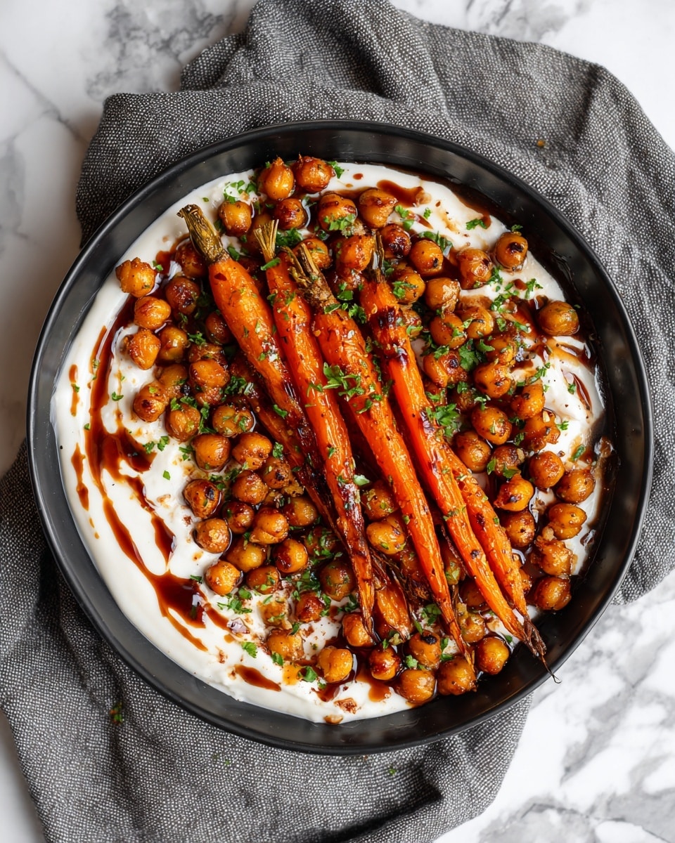 A black round bowl filled with a base layer of smooth white creamy sauce spread across the bottom, topped with a generous pile of roasted orange baby carrots arranged in a rough line from left to right, covered with many small, crispy golden-brown chickpeas scattered evenly, all drizzled with a dark reddish-brown sauce. Small bits of green herbs are sprinkled on top for color contrast. The bowl is placed on a cloth with a greyish tone, all set against a white marbled textured background. Photo taken with an iphone --ar 4:5 --v 7