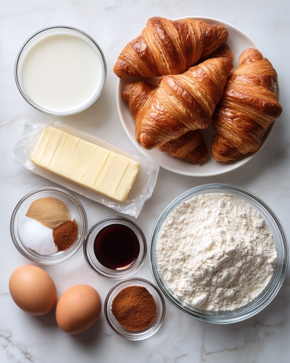 A flat lay of baking ingredients is arranged on a dark wooden surface replaced with a white marbled texture, featuring a white bowl filled with four golden brown croissants in the top right. Surrounding it are clear glass bowls and other containers holding layers of white milk, white sugar, dark vanilla liquid, light brown grated nutmeg, reddish cinnamon powder, and light brown soft brown sugar. Two brown eggs sit side by side close to a wrapped block of pale yellow butter, and a larger clear bowl contains white flour. All ingredients are neatly spaced with clear labels showing their names. Photo taken with an iphone --ar 4:5 --v 7
