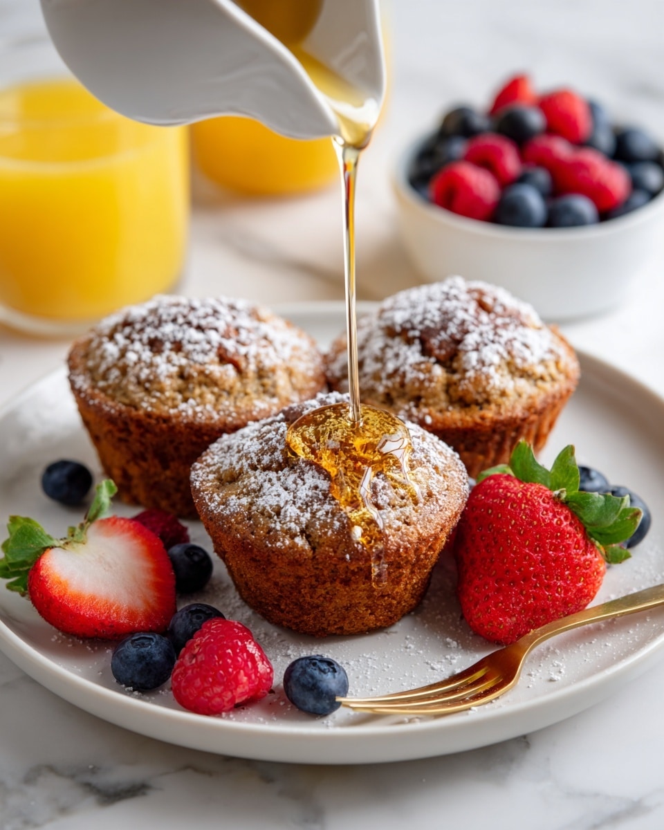 On a white plate, there are three small muffin-shaped treats with a crumbly brown top sprinkled with powdered sugar. Golden syrup is being poured over the center muffin, creating a shiny layer. Around the muffins, there are fresh blueberries, raspberries, and sliced strawberries adding bright red and dark blue colors. A gold fork rests at the bottom right of the plate. The background shows a white marbled surface with a glass of orange juice to the left and a white bowl with more blueberries to the right. Photo taken with an iphone --ar 4:5 --v 7