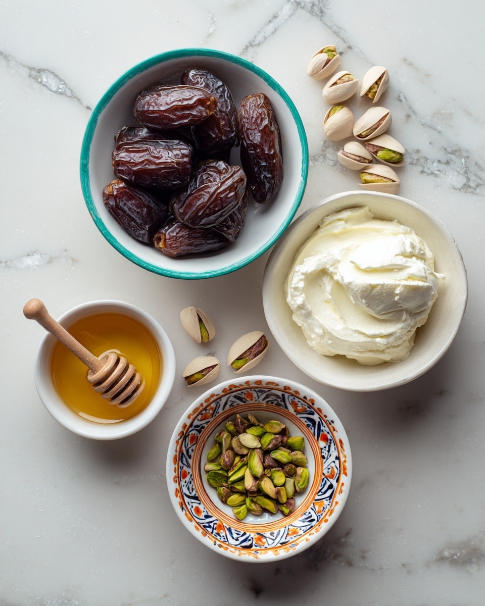 A top-down view shows four bowls arranged on a white marbled surface. The largest bowl at the top center is white with a turquoise rim and holds dark brown, wrinkled dates. To the right, a medium white bowl contains a scoop of smooth, white cream cheese with soft, crumbly edges. Below and slightly left, a small white bowl with orange and blue patterns is filled with green and light brown pistachios, some spilling outside the bowl along with empty shells. To the left of the pistachios, a small white cup holds golden honey with a wooden honey dipper resting against it. photo taken with an iphone --ar 4:5 --v 7