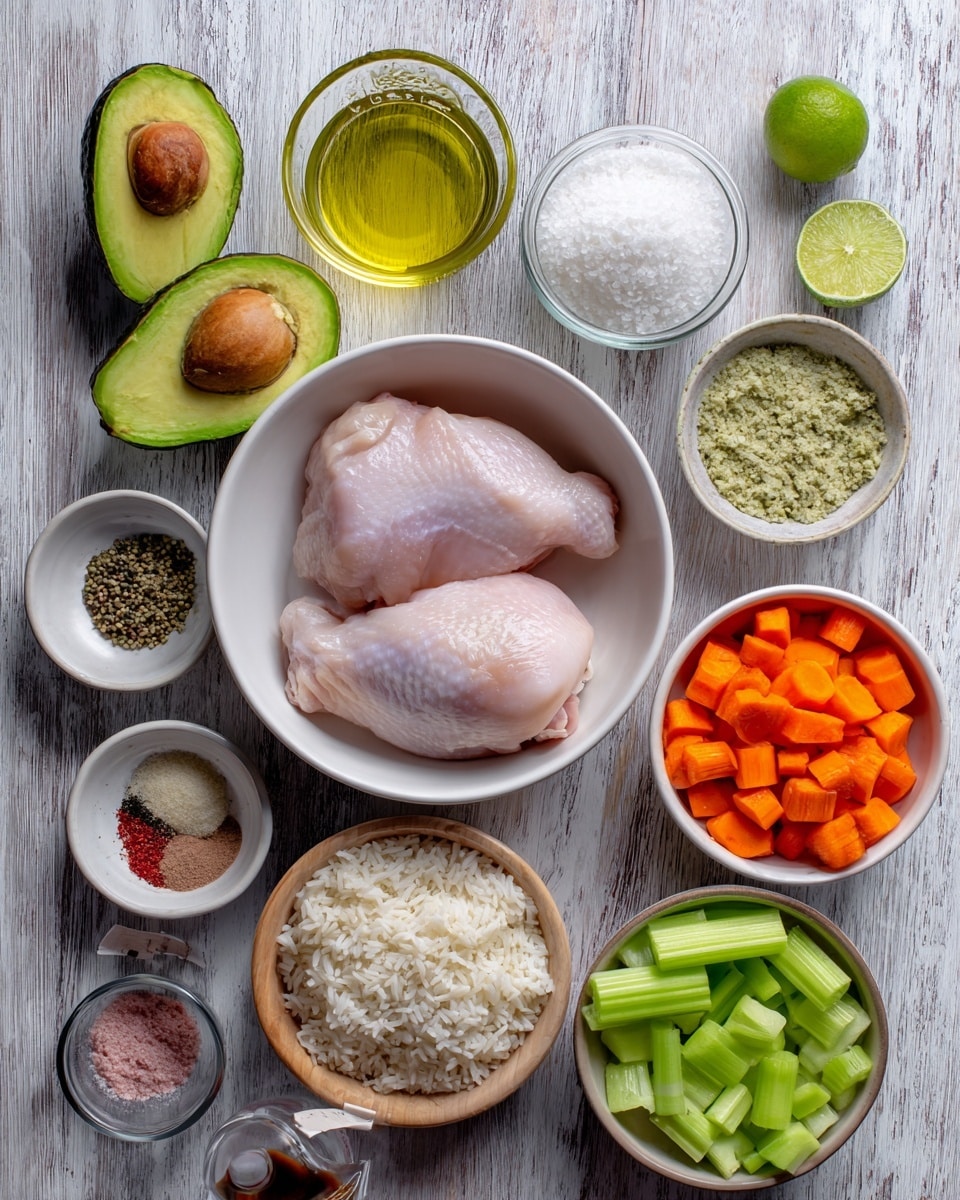 The image shows a top-down view of various cooking ingredients arranged neatly on a wooden table with a white marbled texture background. In the center is a white bowl with two raw chicken pieces. Above that, there is a whole avocado and a small container of tapioca starch to its right. Surrounding these are small containers: avocado oil at the top, lime half next to it, hot sauce in a measuring cup on the right, and cooked rice in its pink and green bag on the bottom left. To the left of the chicken bowl, there is a small bowl of mixed chicken seasoning spices and a glass container of minced garlic. Below the chicken bowl lies another small container with garlic, chili powder, onion powder, salt, and pepper. At the bottom right, a white bowl contains sliced carrots and celery. All ingredients are clearly labeled with black text on white tags. Photo taken with an iphone --ar 4:5 --v 7